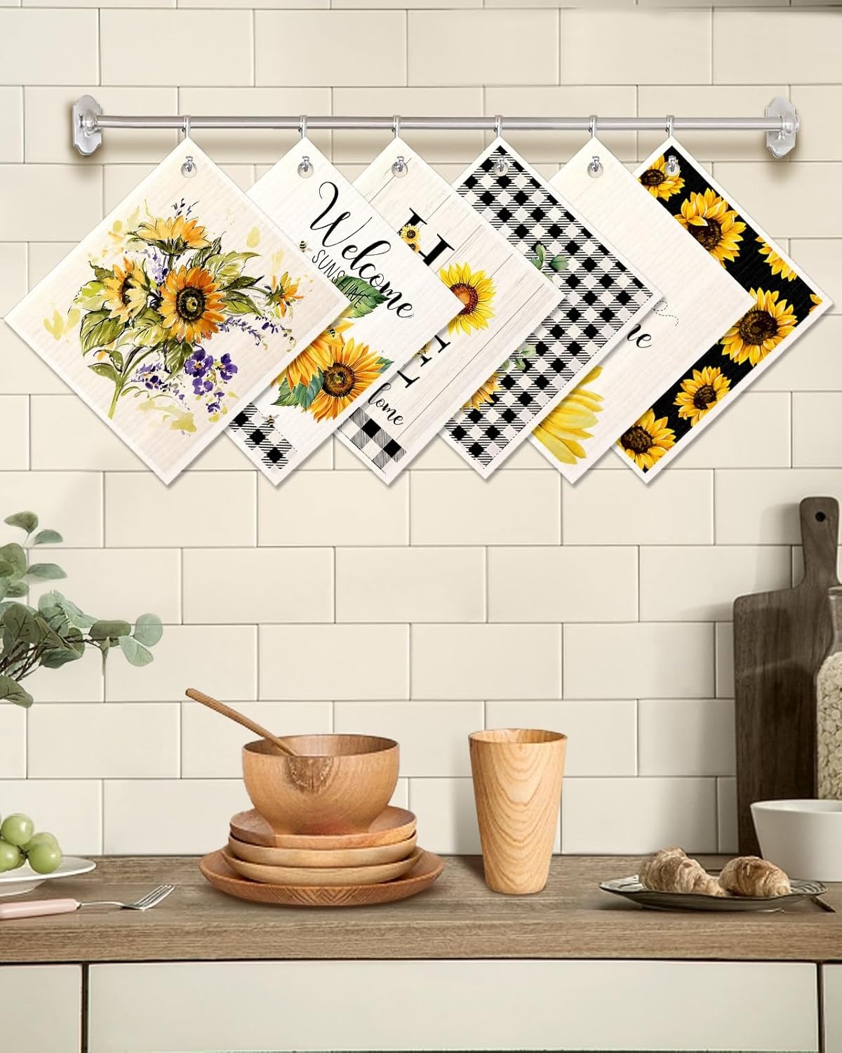 image:imageMiss Adola 6 Pack Swedish Dishcloths for Kitchen Reusable Dish Cloths for Washing Dishes Absorbent Cute Funny Kitchen Towels Cleaning Sponge Floral CatSunflower