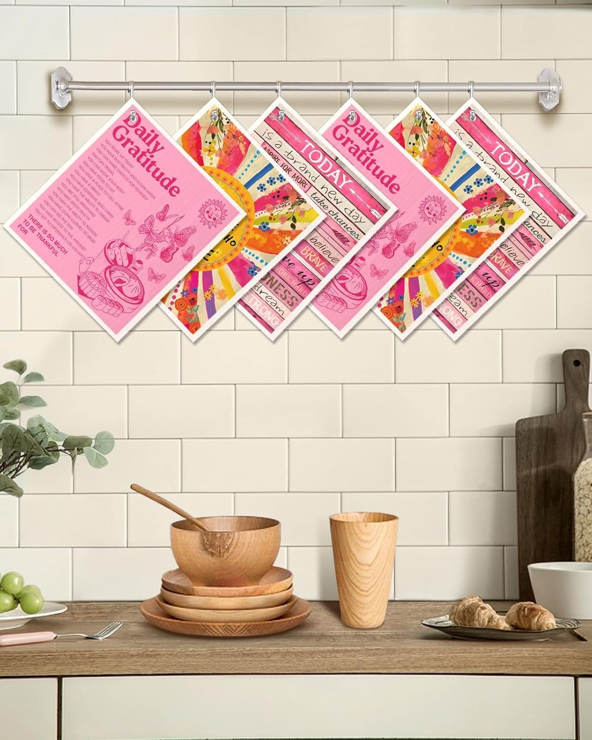image:imageMiss Adola 6 Pack Swedish Dishcloths for Kitchen Reusable Dish Cloths for Washing Dishes Absorbent Cute Funny Kitchen Towels Cleaning Sponge Floral CatPositive Words