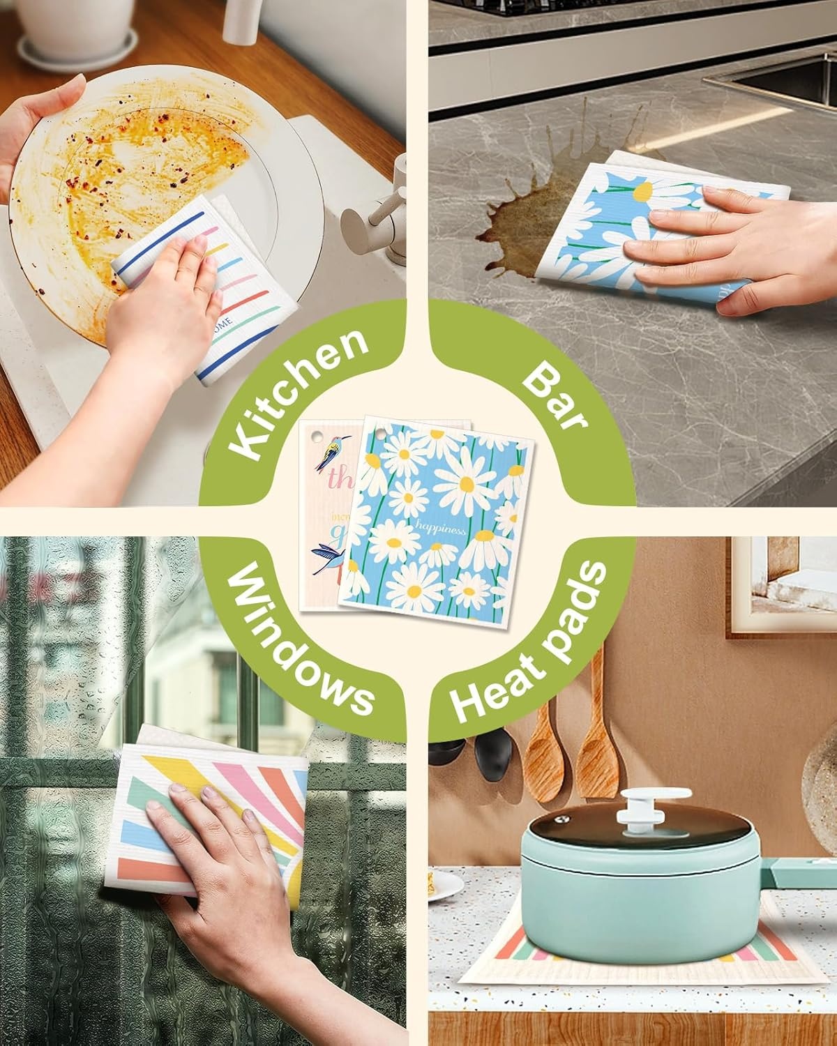 image:imageMiss Adola 6 Pack Swedish Dishcloths for Kitchen Reusable Dish Cloths for Washing Dishes Absorbent Cute Funny Kitchen Towels Cleaning Sponge Floral CatRainbow