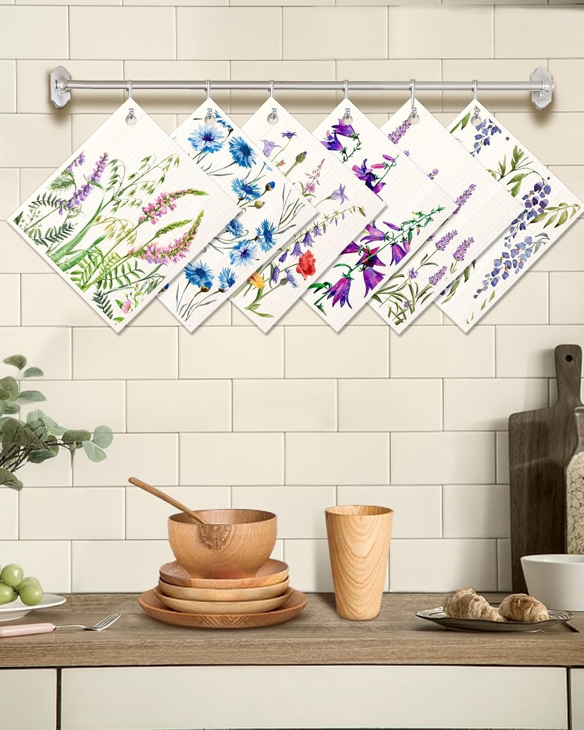 image:imageMiss Adola 6 Pack Swedish Dishcloths for Kitchen Reusable Dish Cloths for Washing Dishes Absorbent Cute Funny Kitchen Towels Cleaning Sponge Floral CatLavender Flower