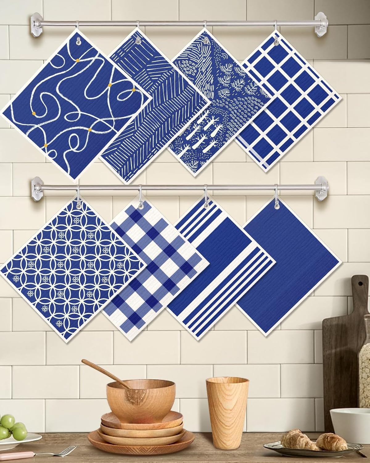 image:imageMiss Adola 8 Pack Reusable Kitchen Dishcloths Absorbent Fast Drying Washable Swedish Towels with Cute Black Skull DesignBlue Line