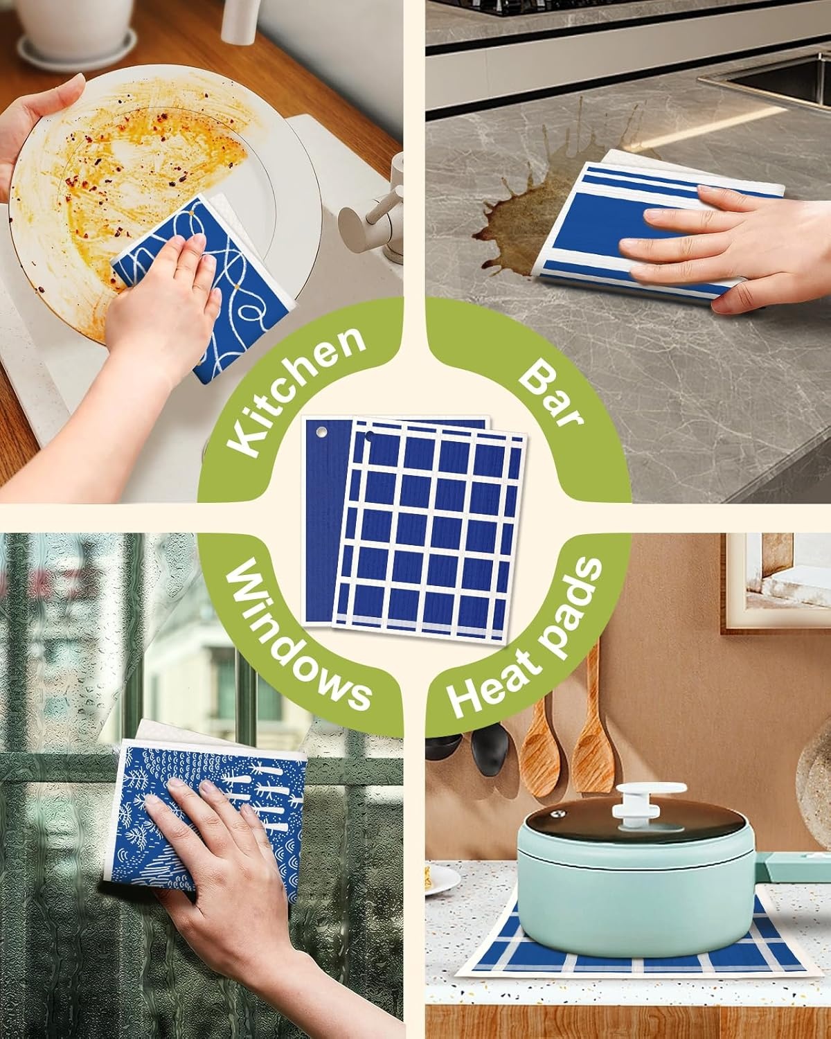 image:imageMiss Adola 8 Pack Reusable Kitchen Dishcloths Absorbent Fast Drying Washable Swedish Towels with Cute Black Skull DesignBlue Line