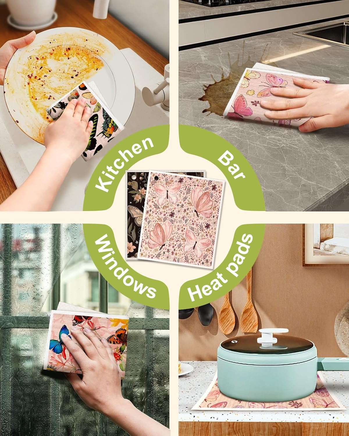 image:imageMiss Adola 8 Pack Reusable Kitchen Dishcloths Absorbent Fast Drying Washable Swedish Towels with Cute Black Skull DesignButterfly
