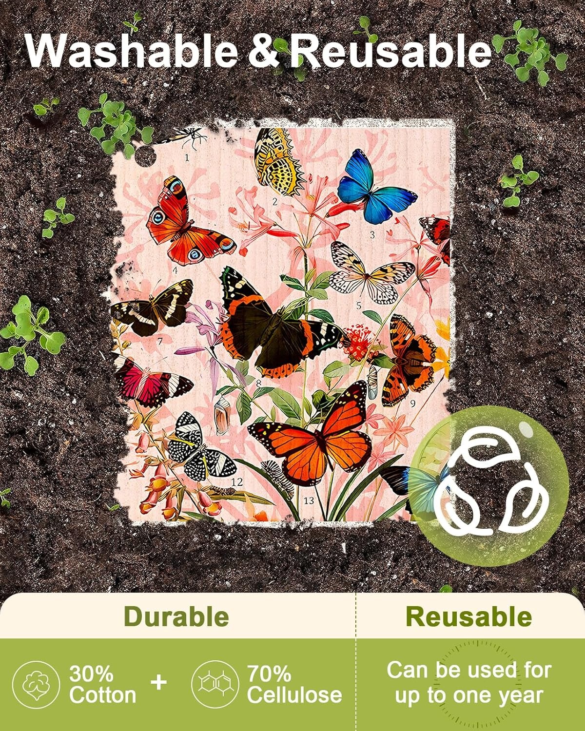 image:imageMiss Adola 8 Pack Reusable Kitchen Dishcloths Absorbent Fast Drying Washable Swedish Towels with Cute Black Skull DesignButterfly