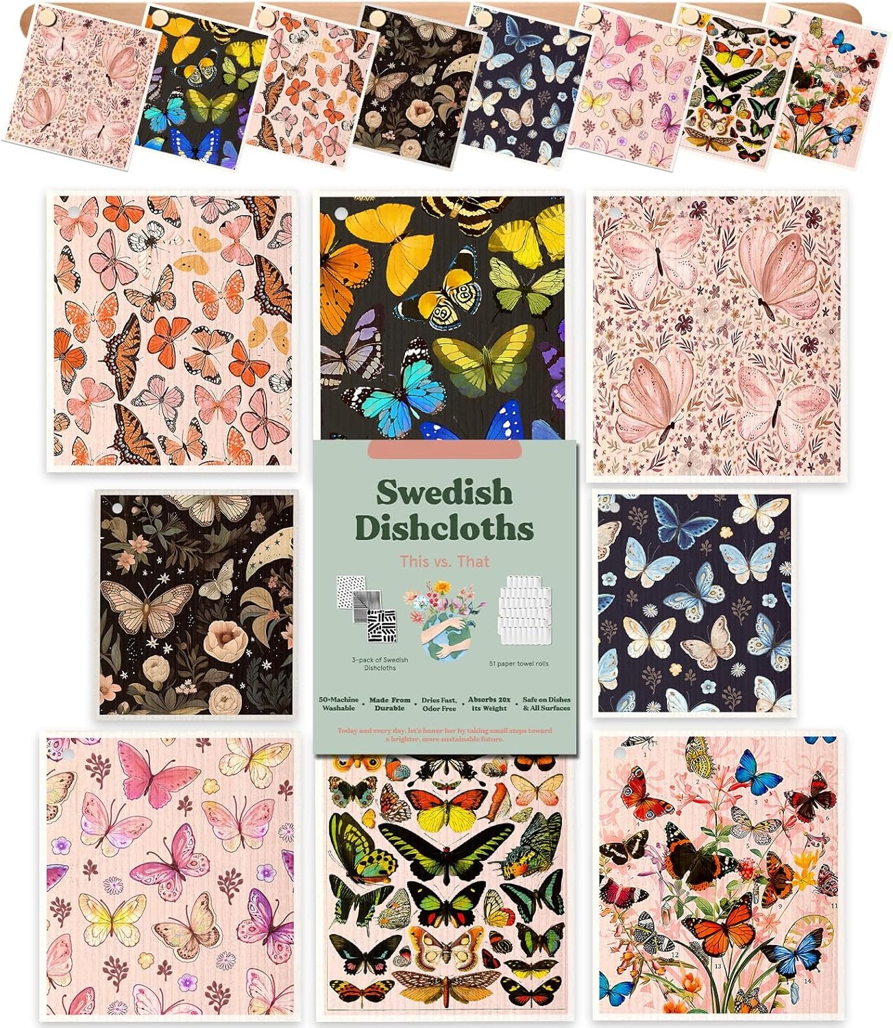 image:imageMiss Adola 8 Pack Reusable Kitchen Dishcloths Absorbent Fast Drying Washable Swedish Towels with Cute Black Skull DesignButterfly
