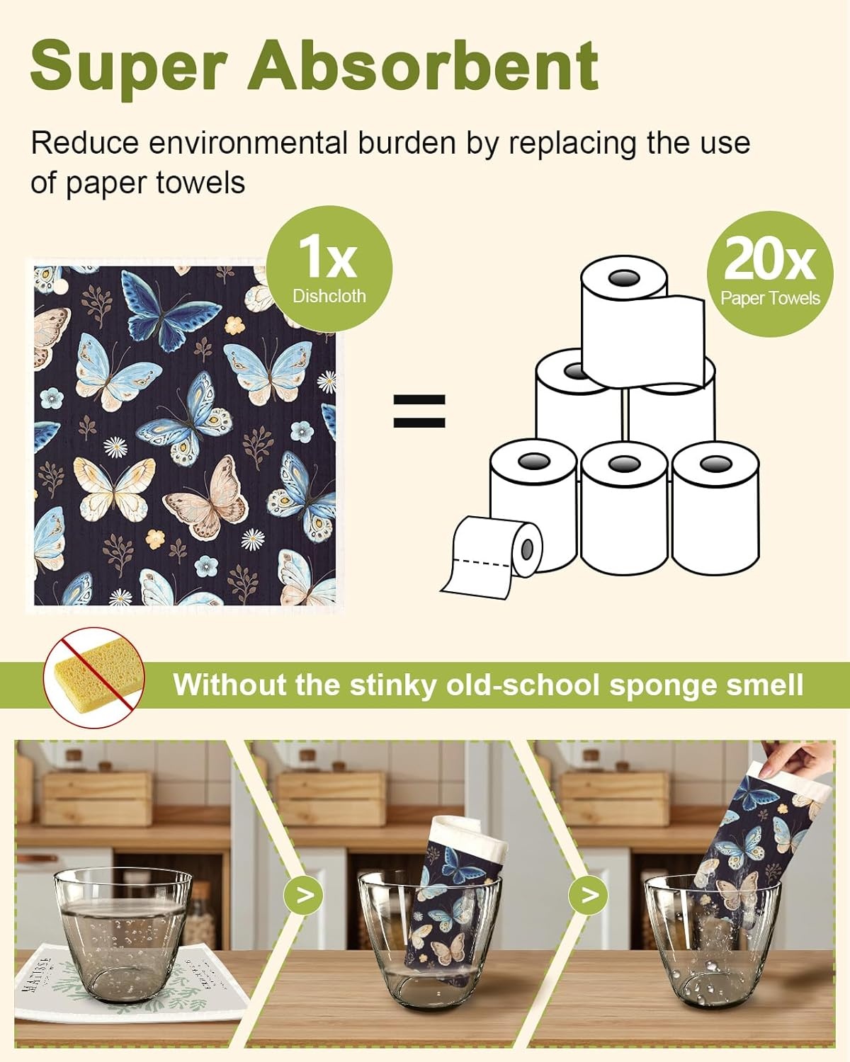 image:imageMiss Adola 8 Pack Reusable Kitchen Dishcloths Absorbent Fast Drying Washable Swedish Towels with Cute Black Skull DesignButterfly