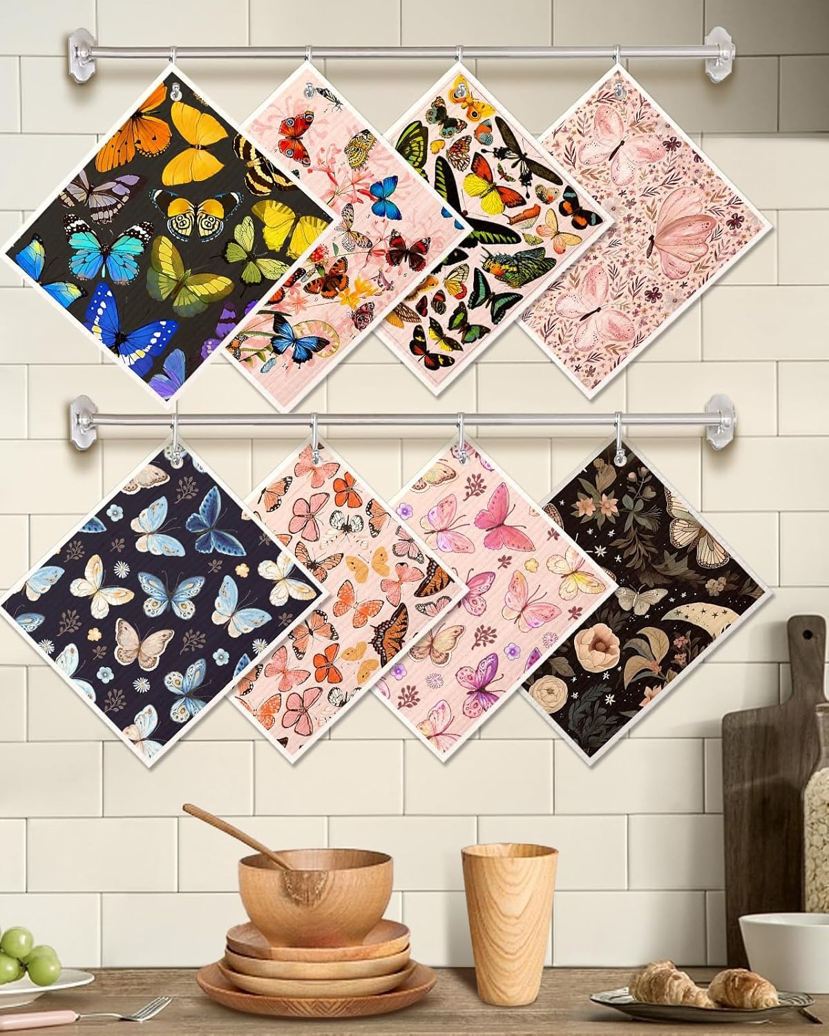 image:imageMiss Adola 8 Pack Reusable Kitchen Dishcloths Absorbent Fast Drying Washable Swedish Towels with Cute Black Skull DesignButterfly