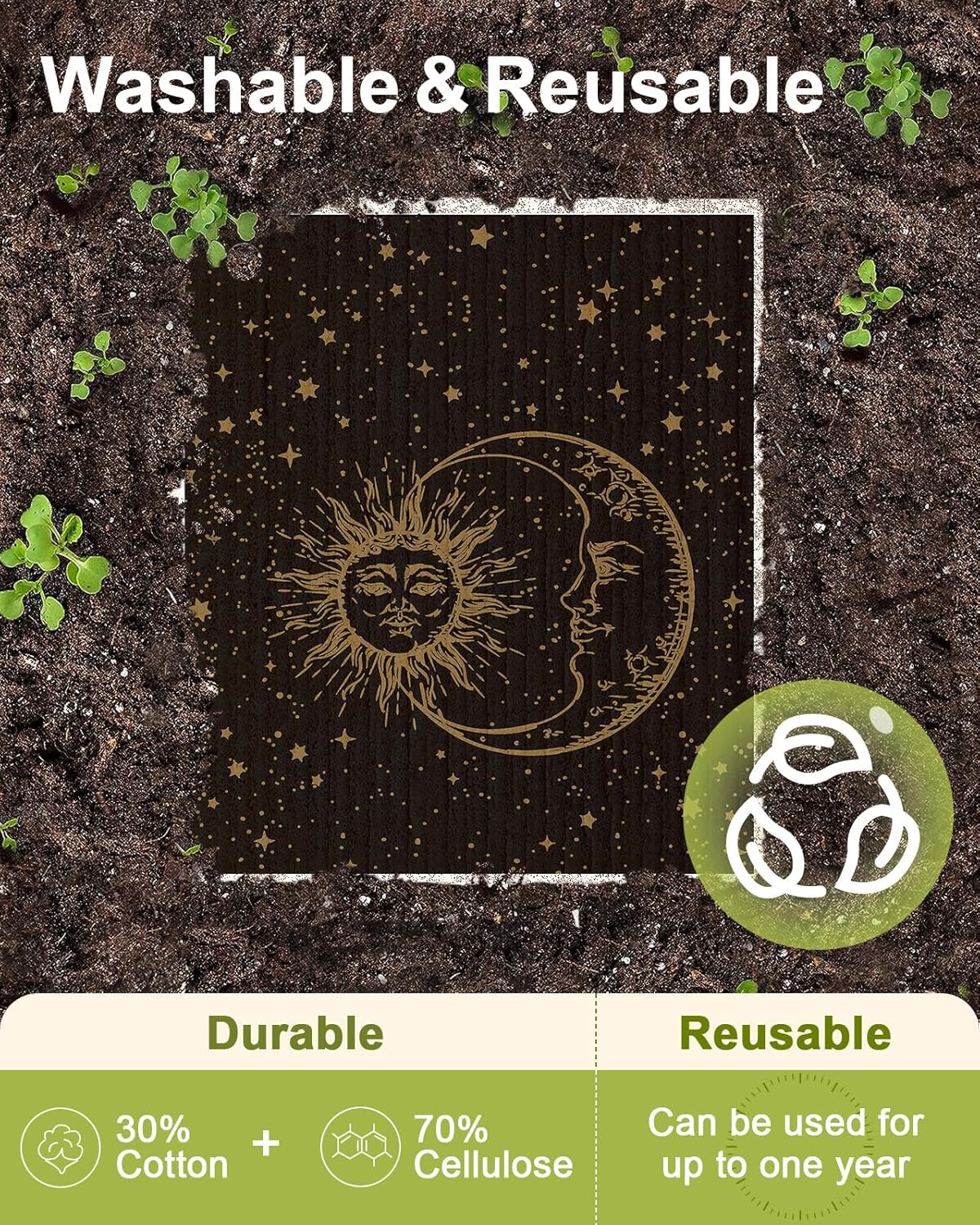 image:imageMiss Adola 8 Pack Reusable Kitchen Dishcloths Absorbent Fast Drying Washable Swedish Towels with Cute Black Skull DesignMoon Sun