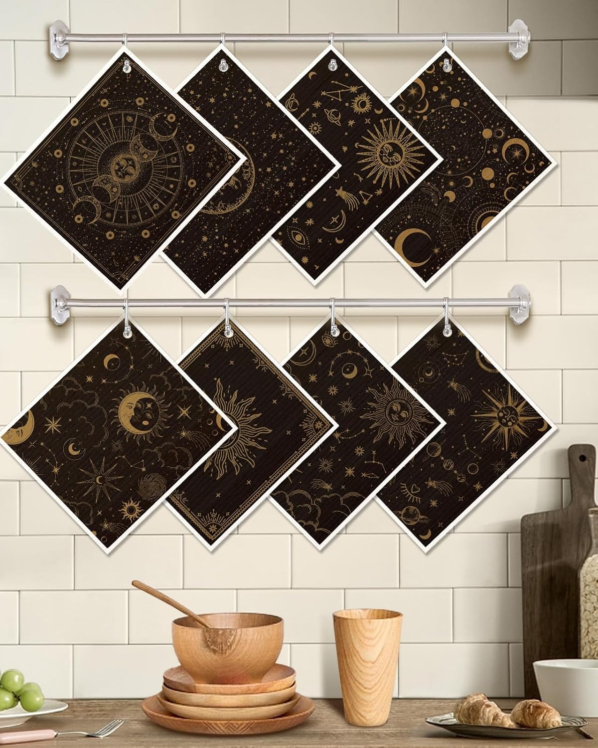 image:imageMiss Adola 8 Pack Reusable Kitchen Dishcloths Absorbent Fast Drying Washable Swedish Towels with Cute Black Skull DesignMoon Sun