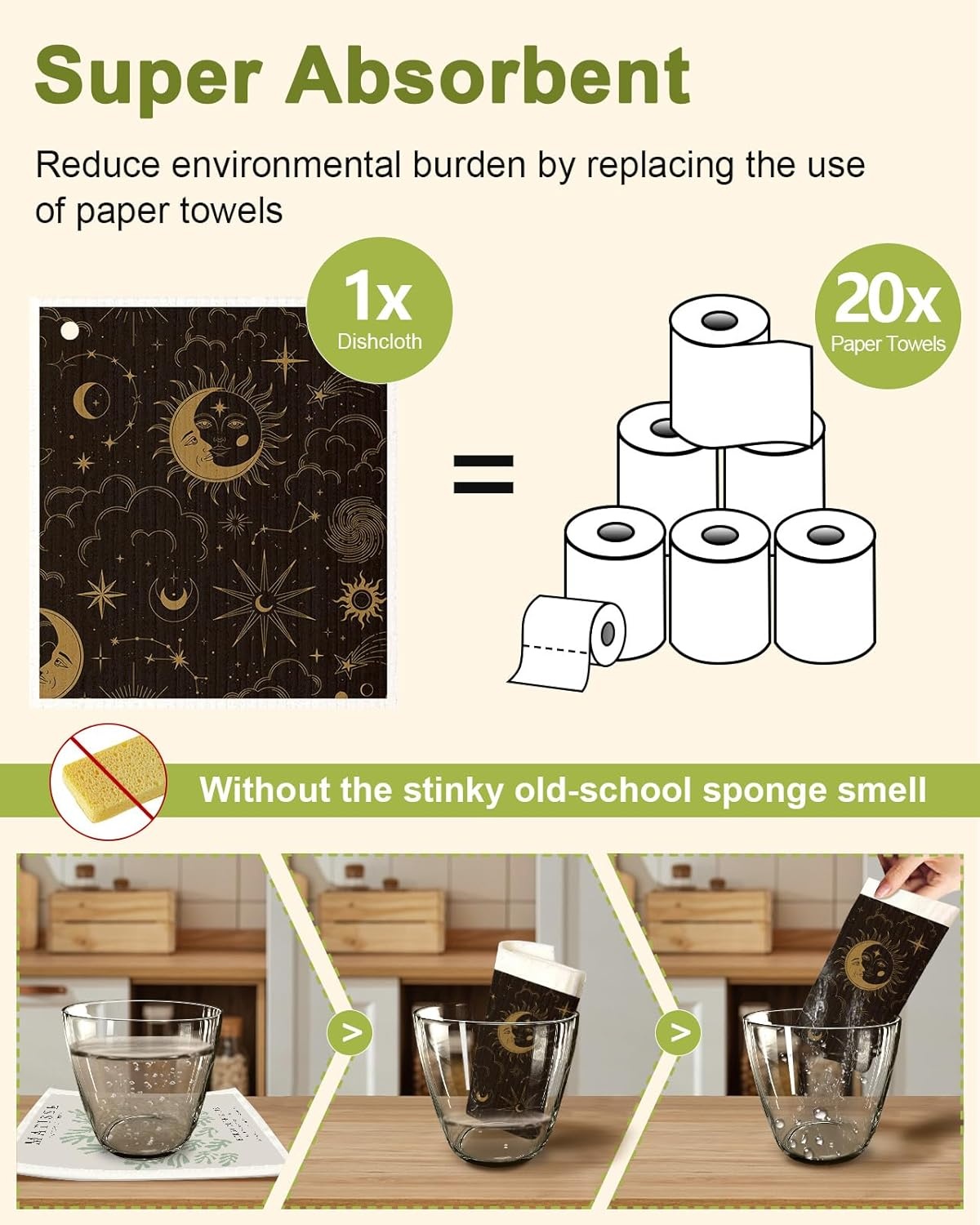 image:imageMiss Adola 8 Pack Reusable Kitchen Dishcloths Absorbent Fast Drying Washable Swedish Towels with Cute Black Skull DesignMoon Sun