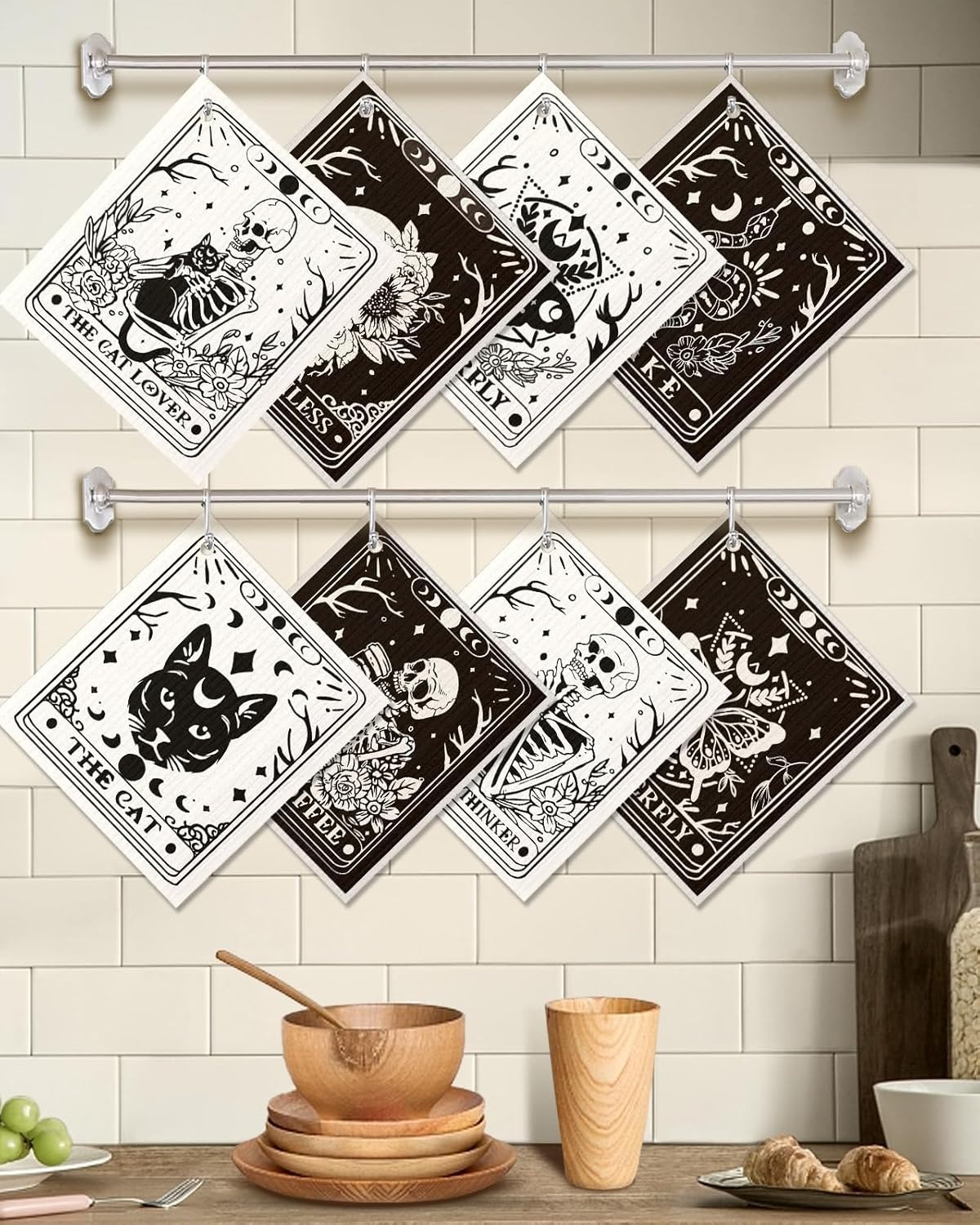 image:imageMiss Adola 8 Pack Reusable Kitchen Dishcloths Absorbent Fast Drying Washable Swedish Towels with Cute Black Skull DesignWhite Skull