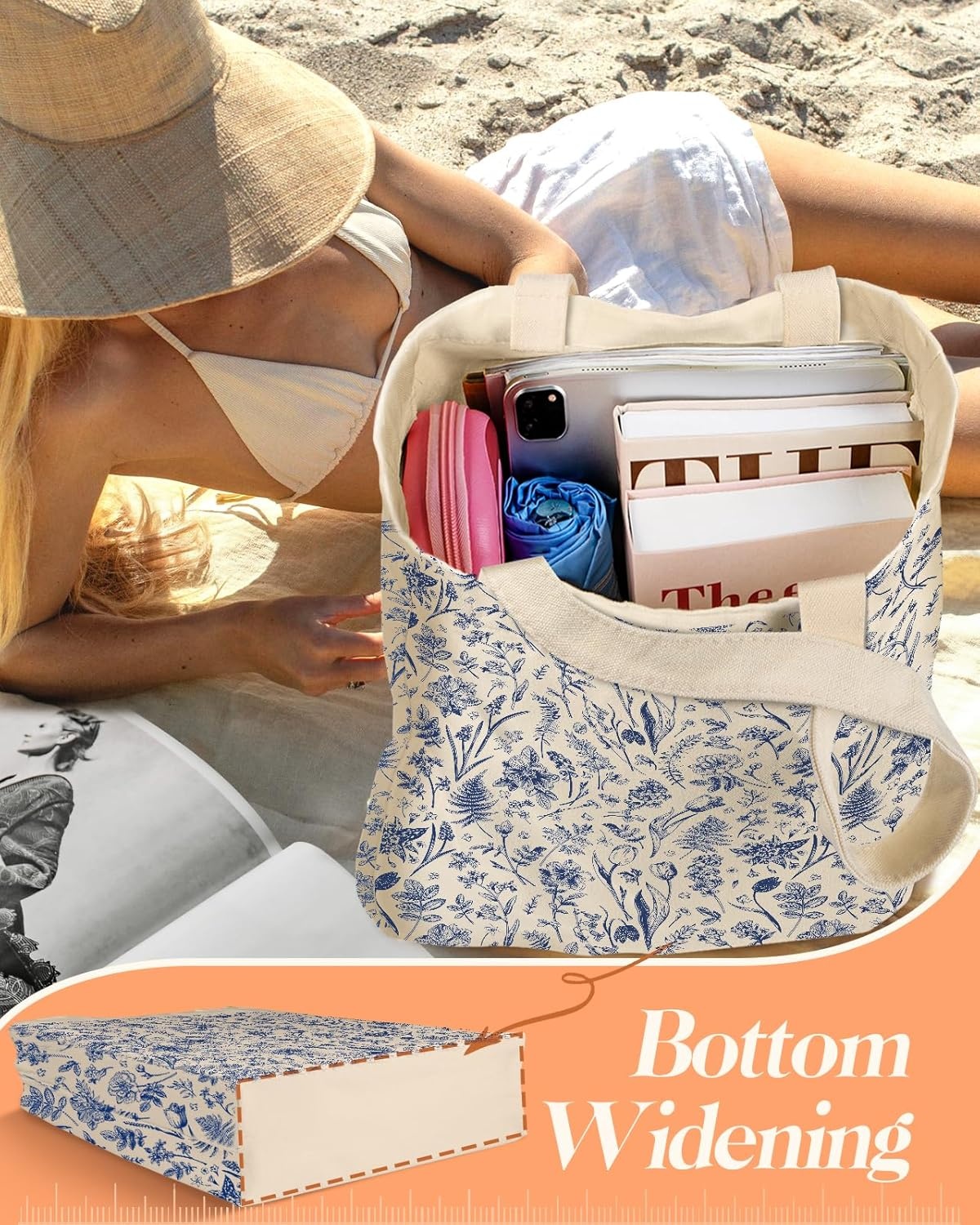 image:imageMiss Adola Aesthetic 2 Pack Canvas Tote Bag with Makeup Pouch Bag for Women Reusable Grocery Bag for Gym Travel WorkBlue Line Flower