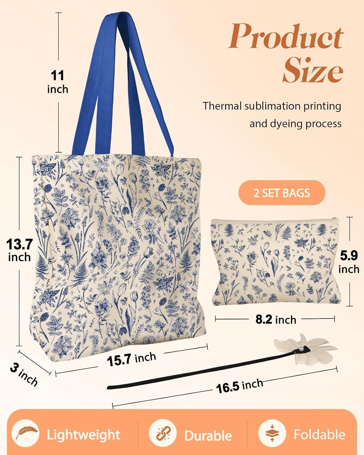 image:imageMiss Adola Aesthetic 2 Pack Canvas Tote Bag with Makeup Pouch Bag for Women Reusable Grocery Bag for Gym Travel WorkBlue Line Flower