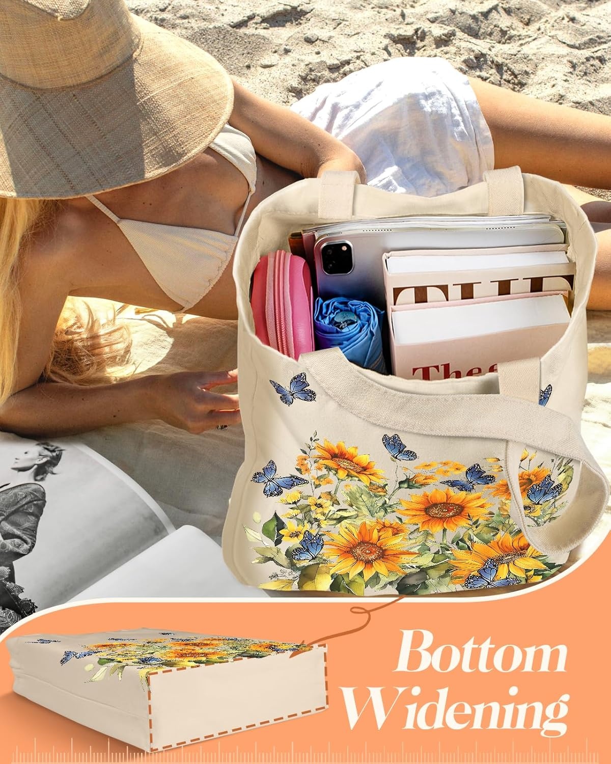 image:imageMiss Adola Aesthetic 2 Pack Canvas Tote Bag with Makeup Pouch Bag for Women Reusable Grocery Bag for Gym Travel WorkButterfly Sunflower