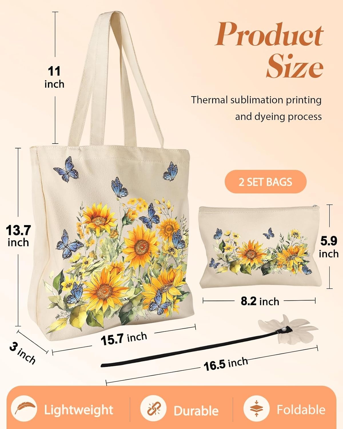 image:imageMiss Adola Aesthetic 2 Pack Canvas Tote Bag with Makeup Pouch Bag for Women Reusable Grocery Bag for Gym Travel WorkButterfly Sunflower