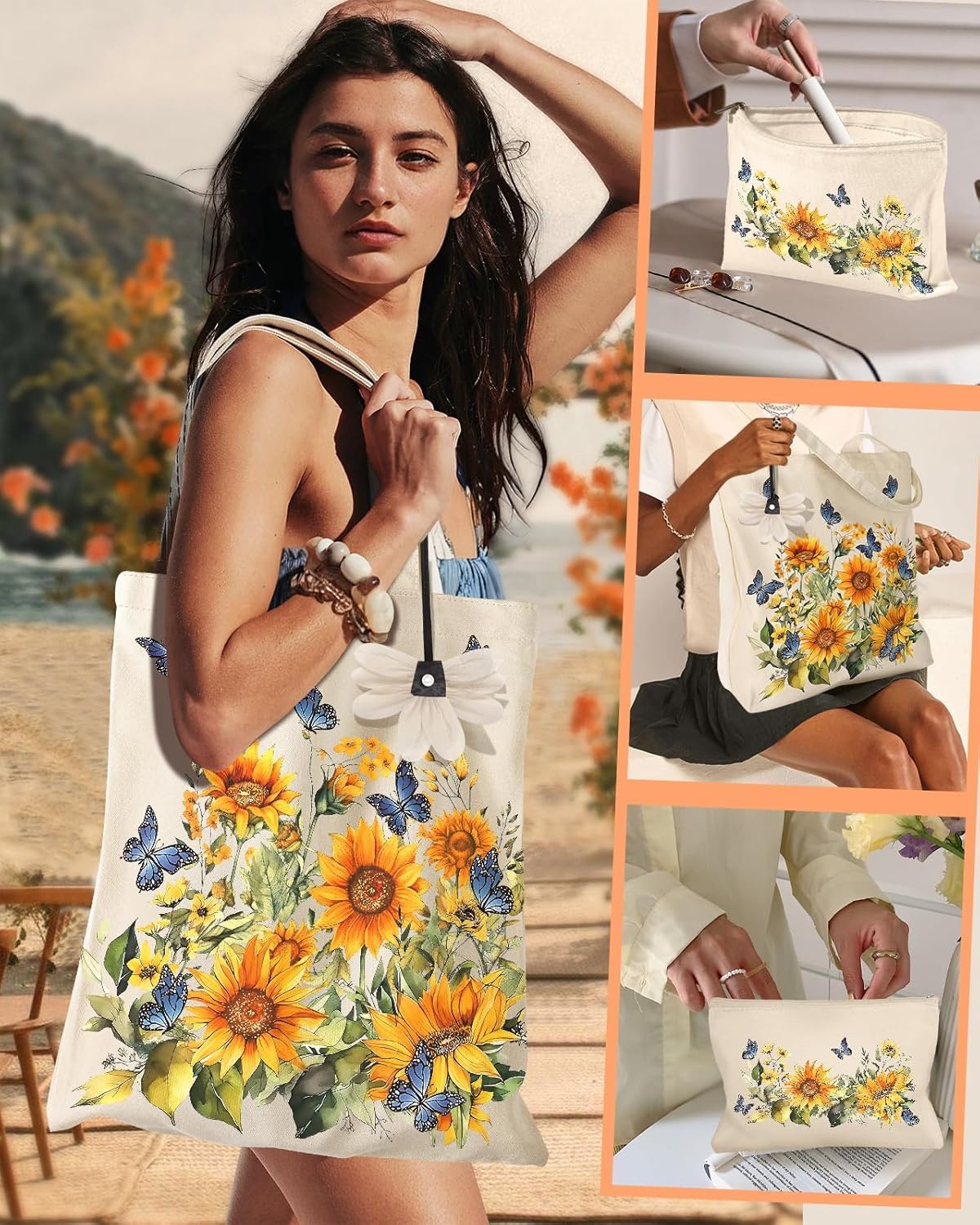 image:imageMiss Adola Aesthetic 2 Pack Canvas Tote Bag with Makeup Pouch Bag for Women Reusable Grocery Bag for Gym Travel WorkButterfly Sunflower