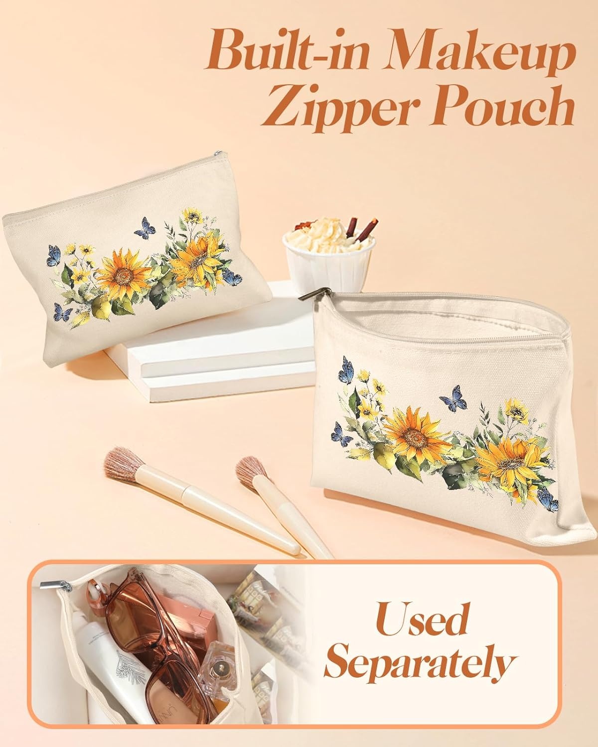 image:imageMiss Adola Aesthetic 2 Pack Canvas Tote Bag with Makeup Pouch Bag for Women Reusable Grocery Bag for Gym Travel WorkButterfly Sunflower