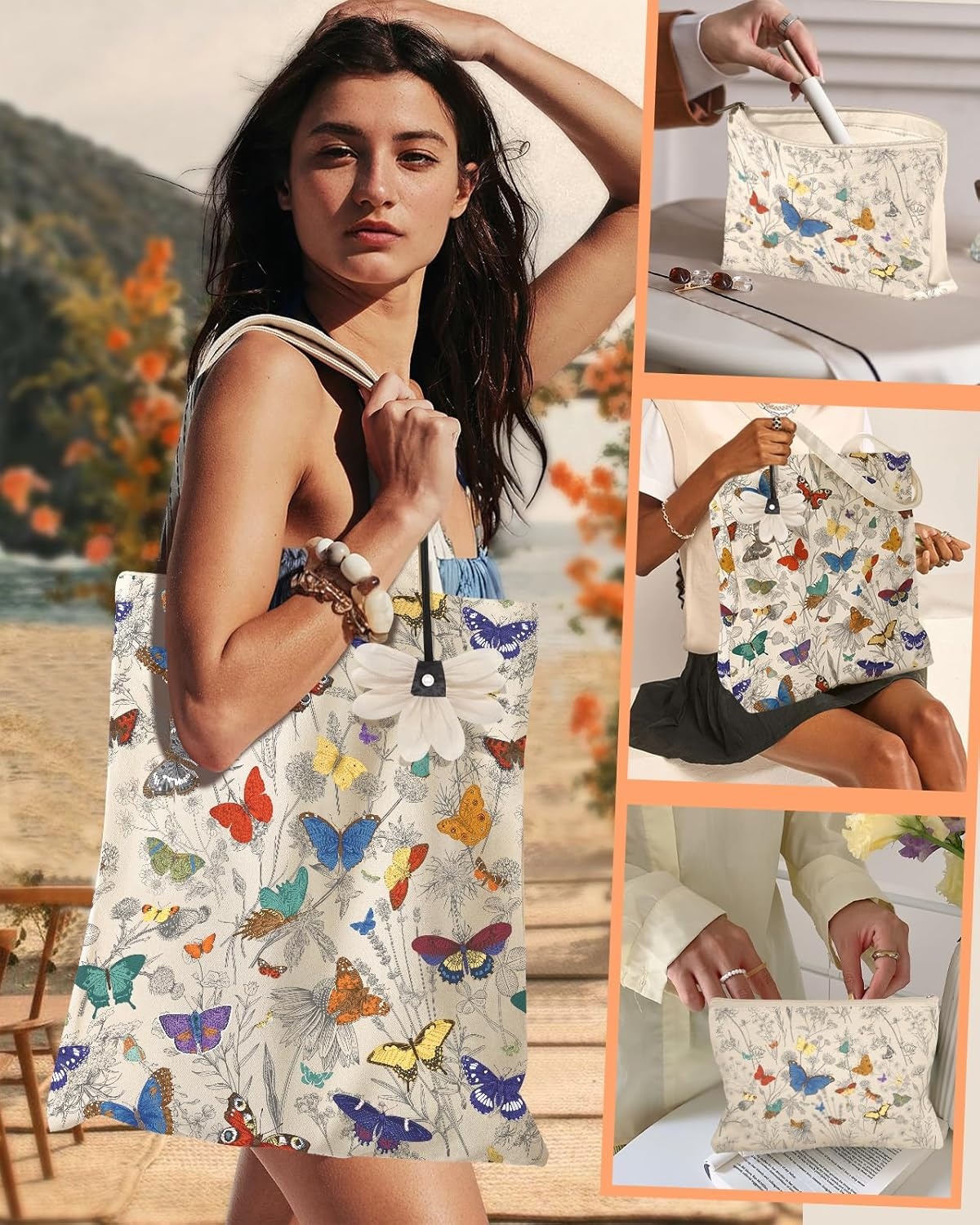 image:imageMiss Adola Aesthetic 2 Pack Canvas Tote Bag with Makeup Pouch Bag for Women Reusable Grocery Bag for Gym Travel WorkLine Butterfly