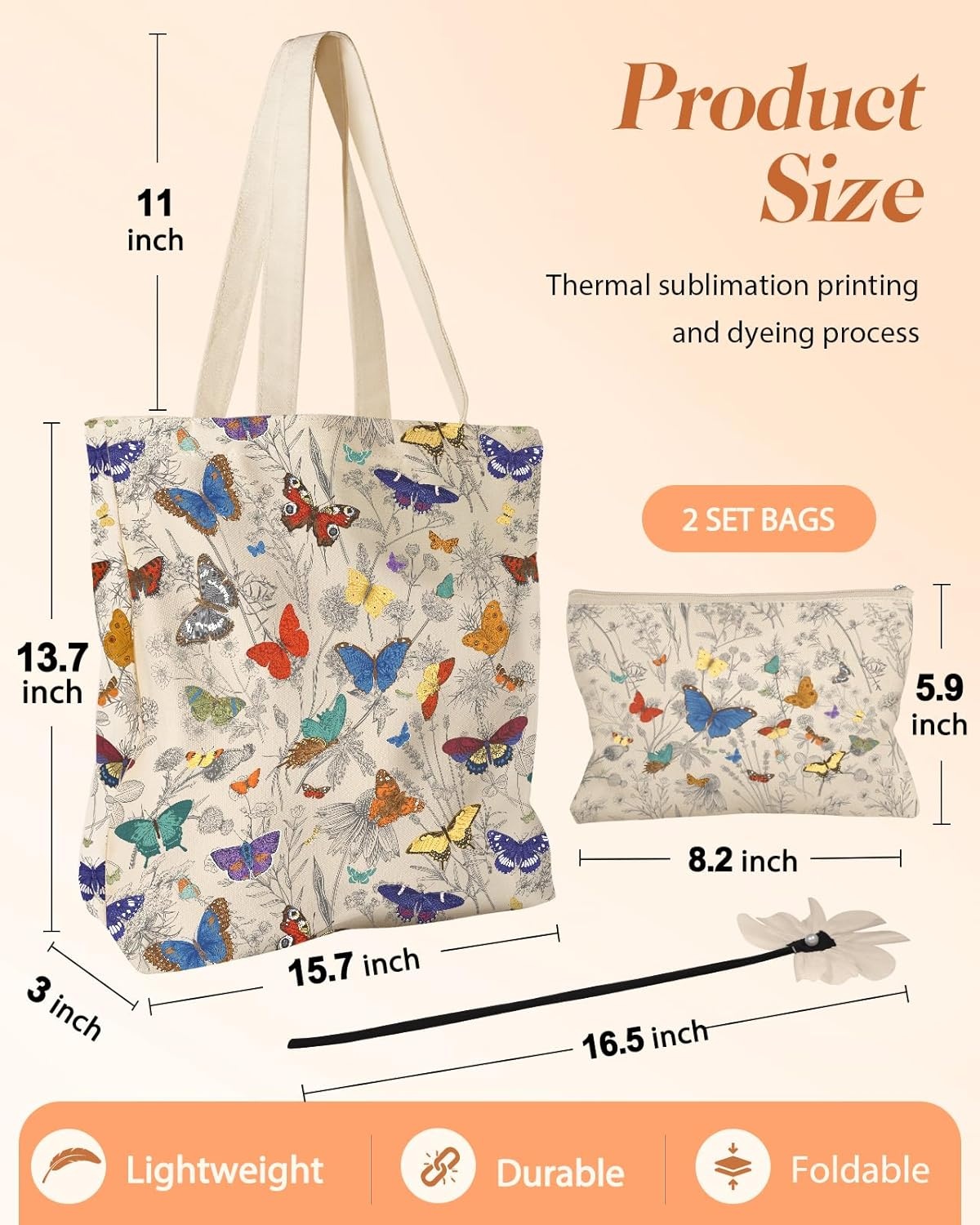 image:imageMiss Adola Aesthetic 2 Pack Canvas Tote Bag with Makeup Pouch Bag for Women Reusable Grocery Bag for Gym Travel WorkLine Butterfly