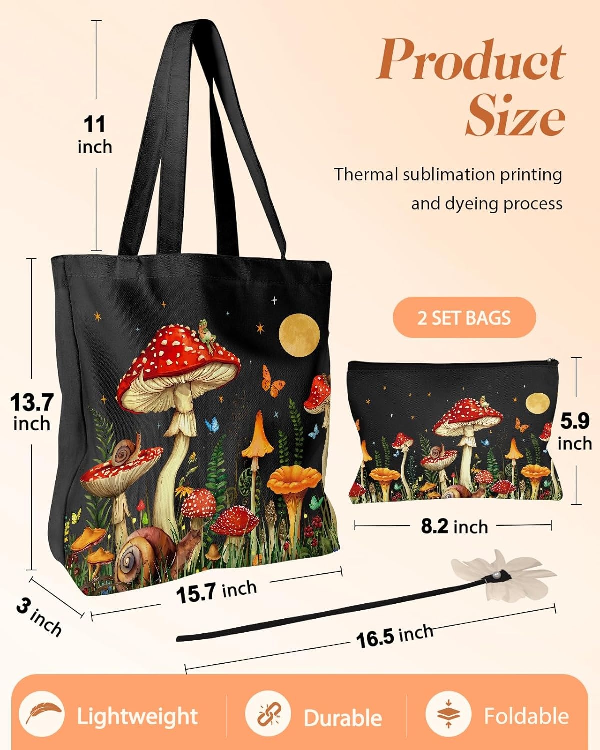 image:imageMiss Adola Aesthetic 2 Pack Canvas Tote Bag with Makeup Pouch Bag for Women Reusable Grocery Bag for Gym Travel WorkMoon Swamm
