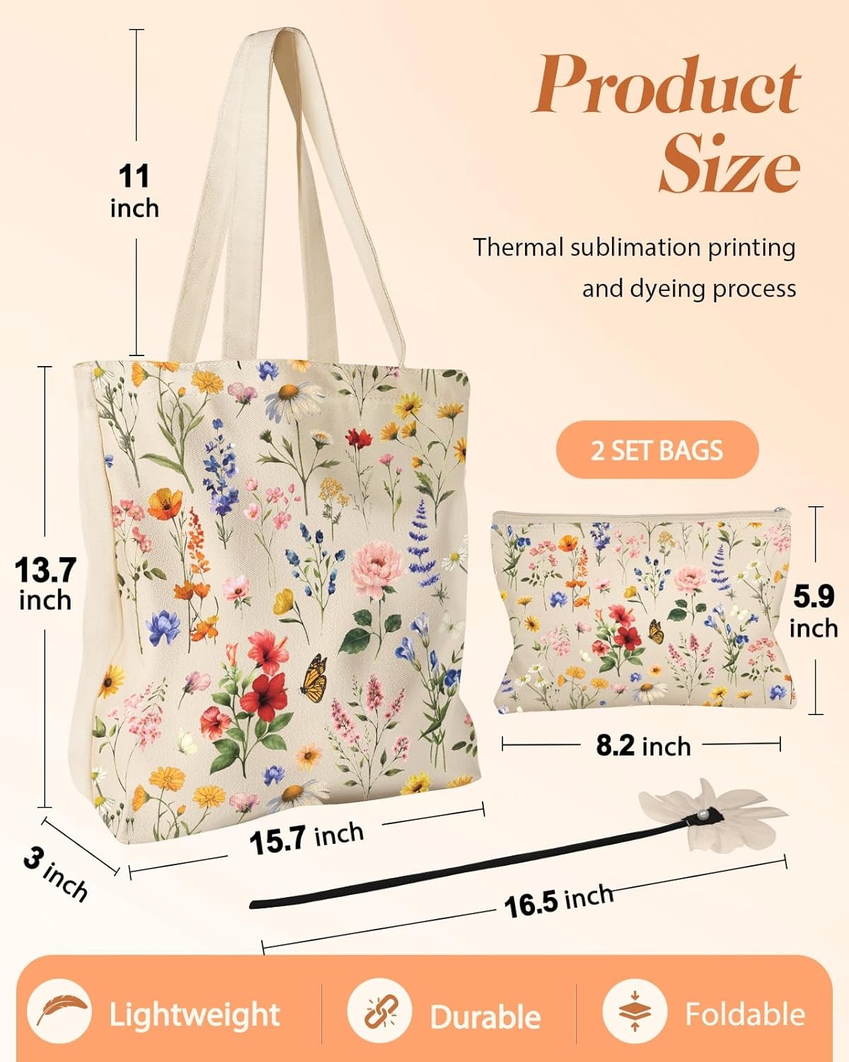 image:imageMiss Adola Aesthetic 2 Pack Canvas Tote Bag with Makeup Pouch Bag for Women Reusable Grocery Bag for Gym Travel WorkRetro Flowers