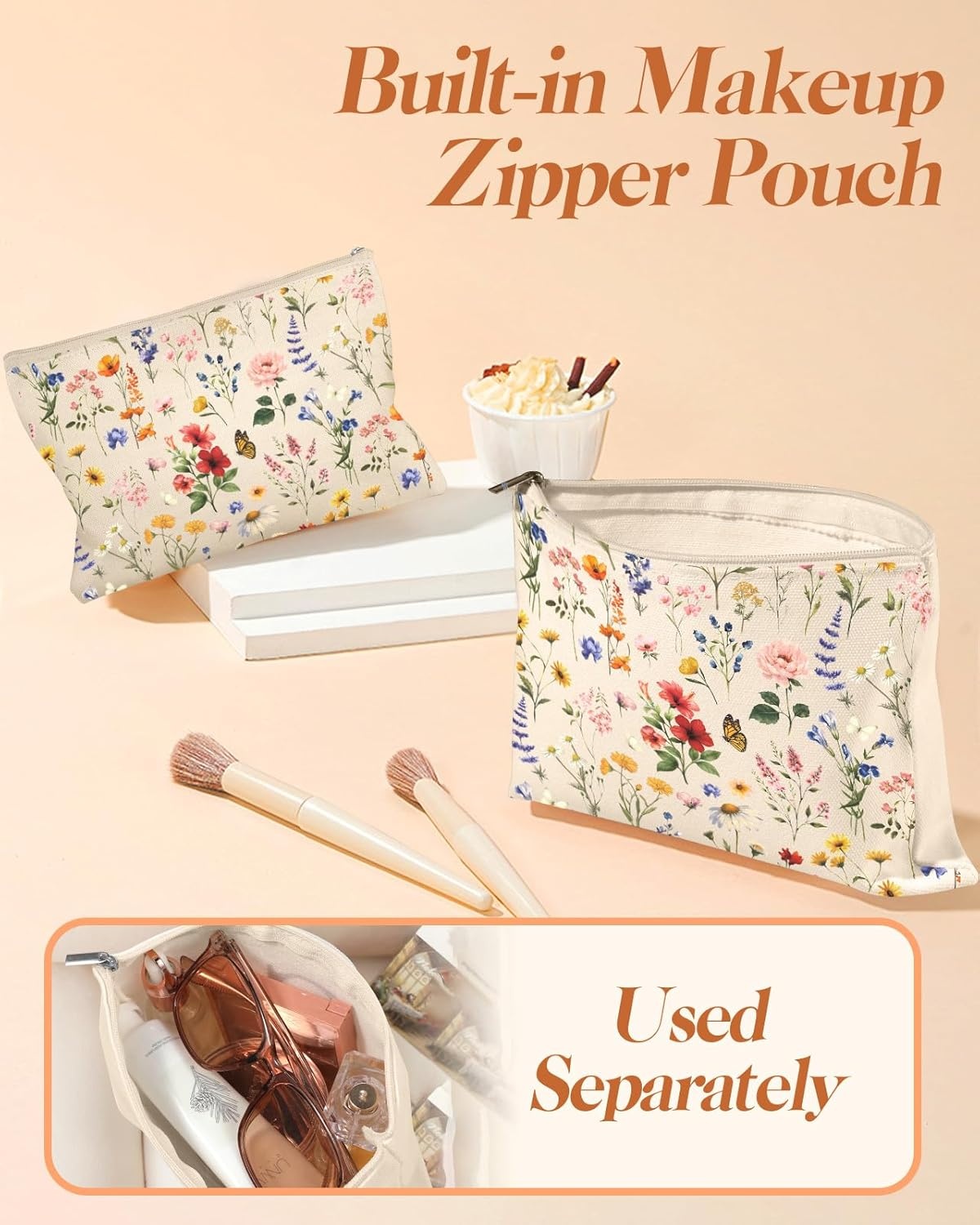 image:imageMiss Adola Aesthetic 2 Pack Canvas Tote Bag with Makeup Pouch Bag for Women Reusable Grocery Bag for Gym Travel WorkRetro Flowers