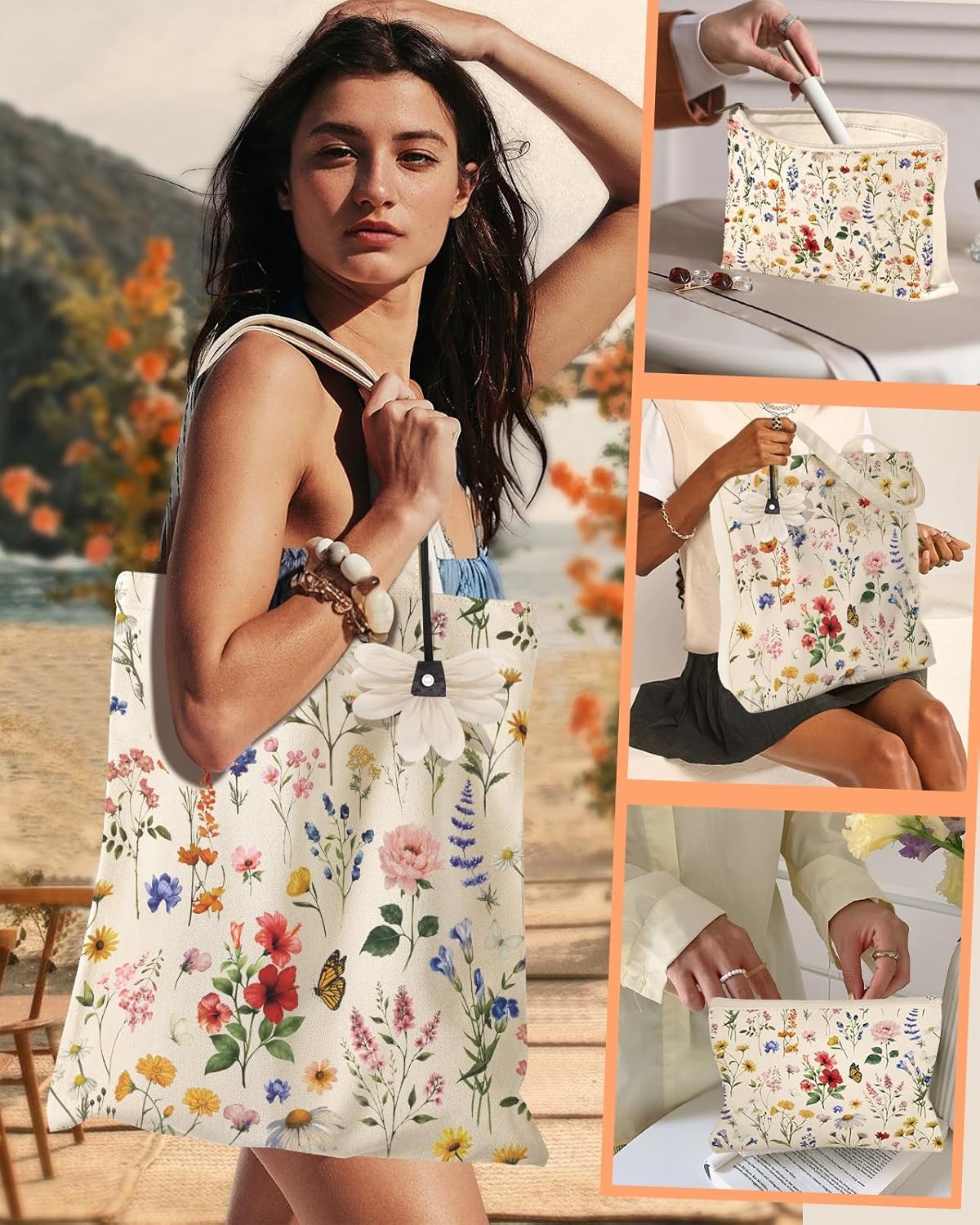 image:imageMiss Adola Aesthetic 2 Pack Canvas Tote Bag with Makeup Pouch Bag for Women Reusable Grocery Bag for Gym Travel WorkRetro Flowers