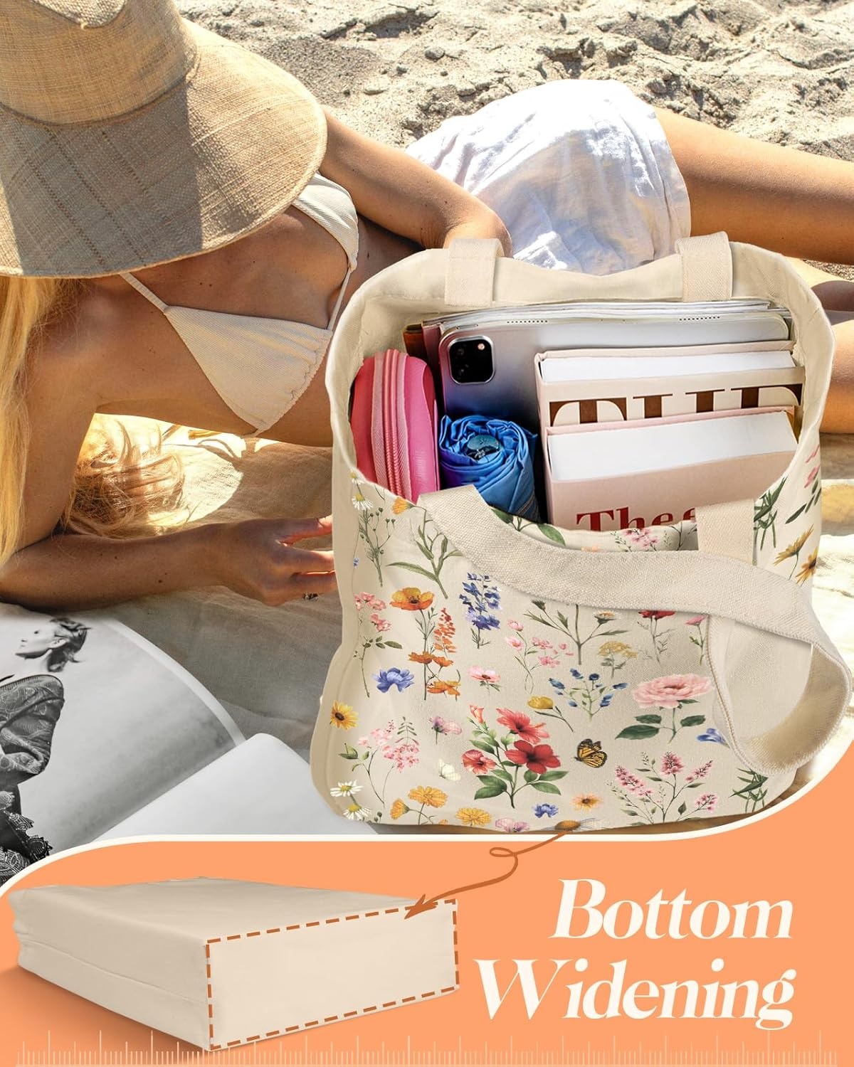 image:imageMiss Adola Aesthetic 2 Pack Canvas Tote Bag with Makeup Pouch Bag for Women Reusable Grocery Bag for Gym Travel WorkRetro Flowers