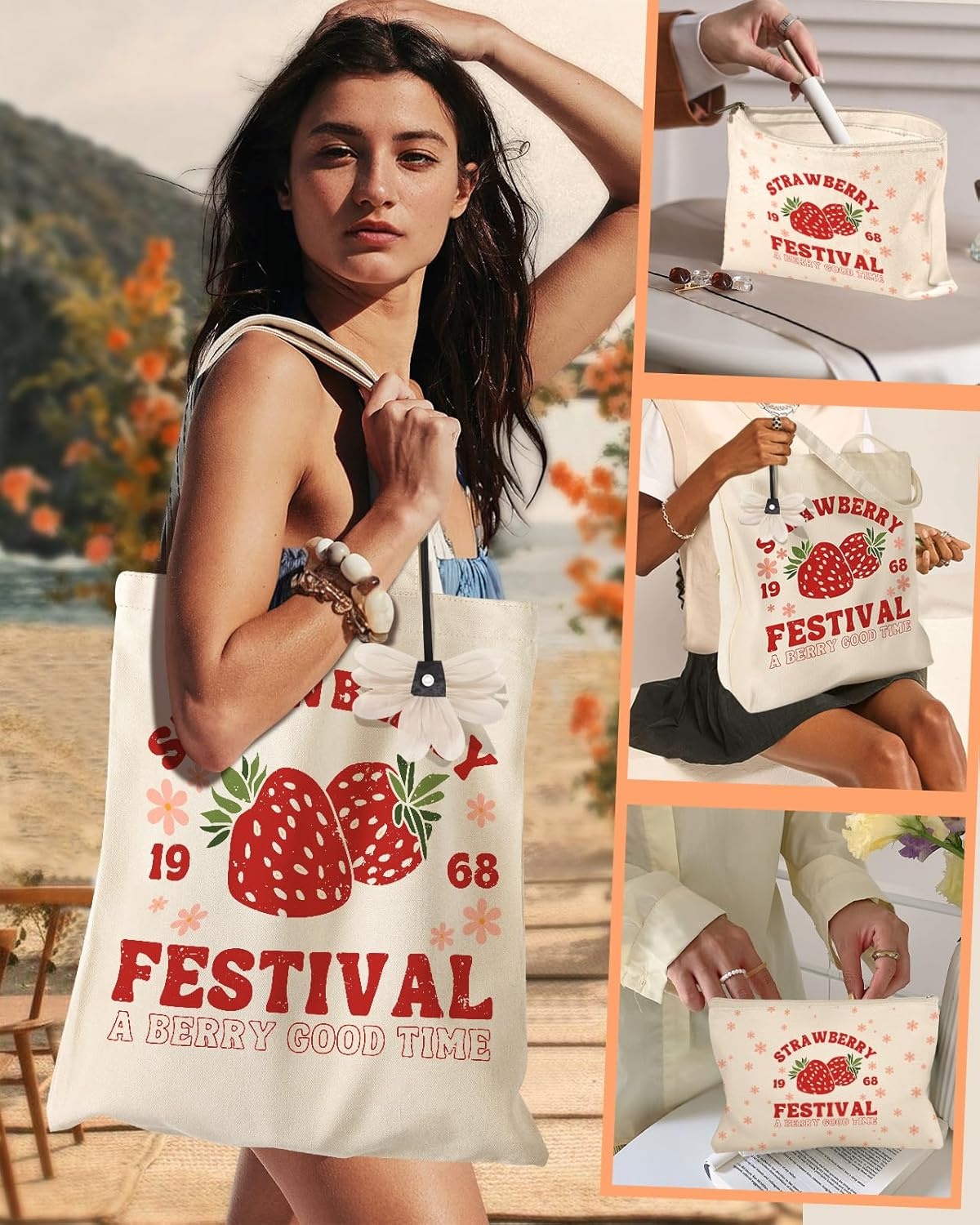 image:imageMiss Adola Aesthetic 2 Pack Canvas Tote Bag with Makeup Pouch Bag for Women Reusable Grocery Bag for Gym Travel WorkStrawberry Festival