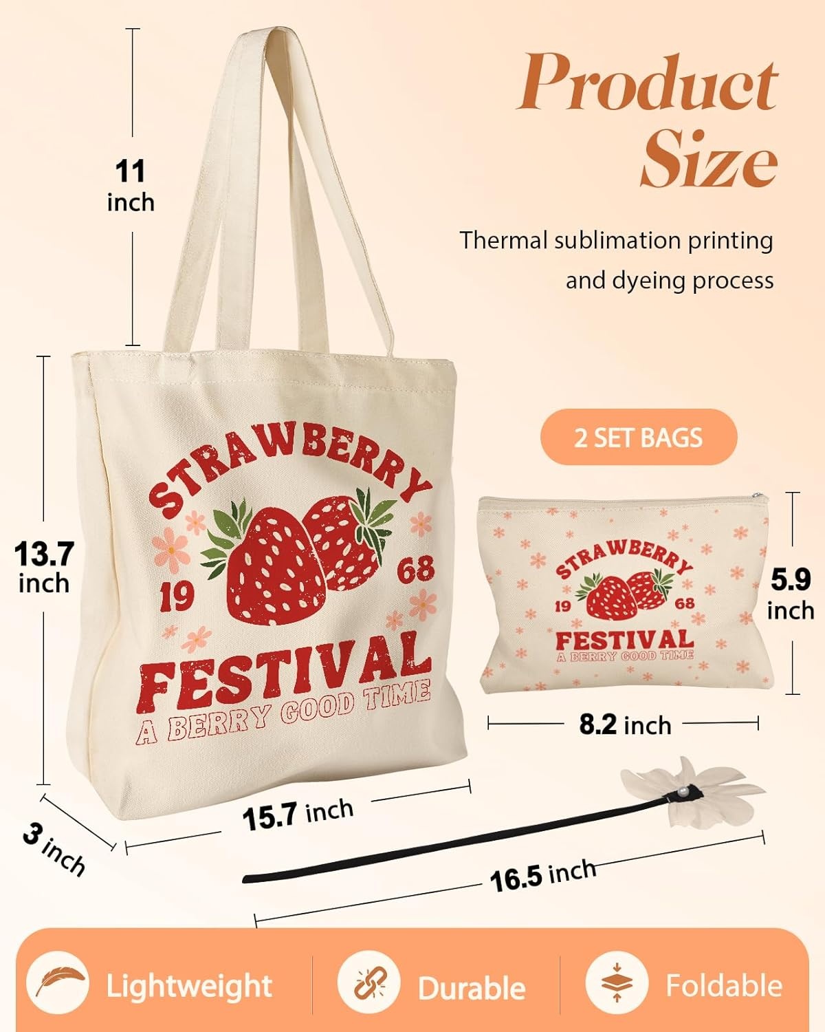 image:imageMiss Adola Aesthetic 2 Pack Canvas Tote Bag with Makeup Pouch Bag for Women Reusable Grocery Bag for Gym Travel WorkStrawberry Festival