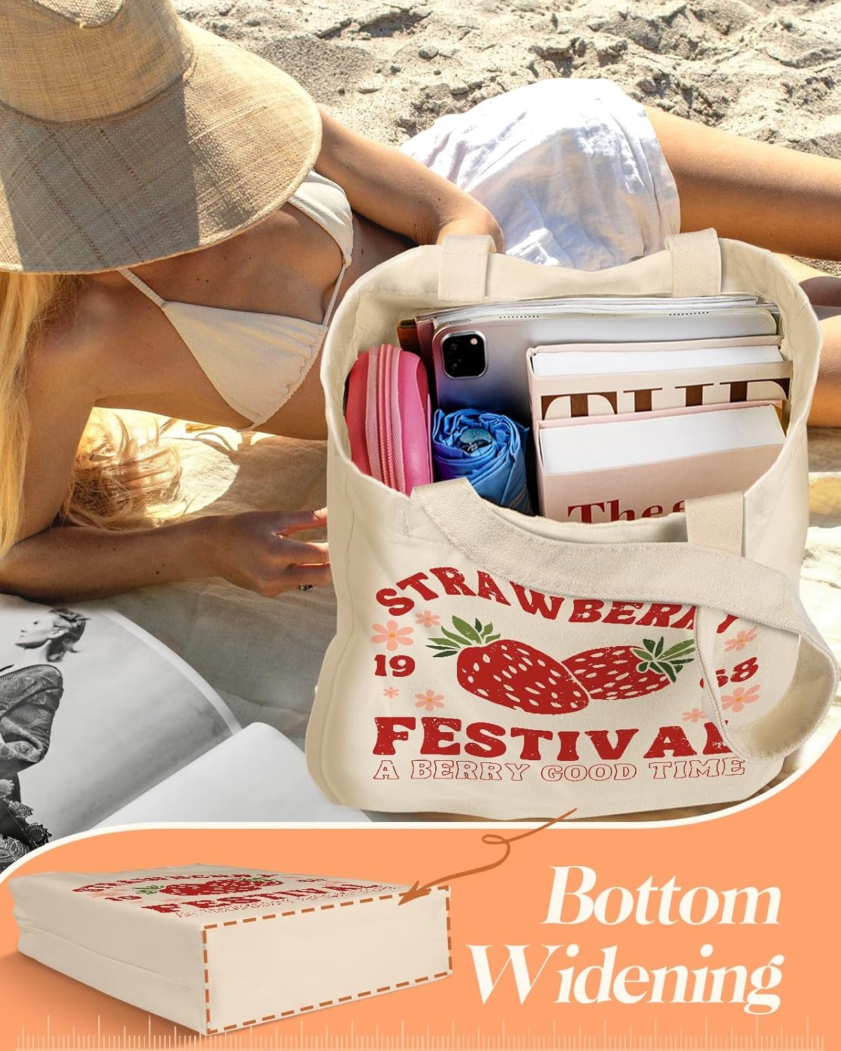 image:imageMiss Adola Aesthetic 2 Pack Canvas Tote Bag with Makeup Pouch Bag for Women Reusable Grocery Bag for Gym Travel WorkStrawberry Festival