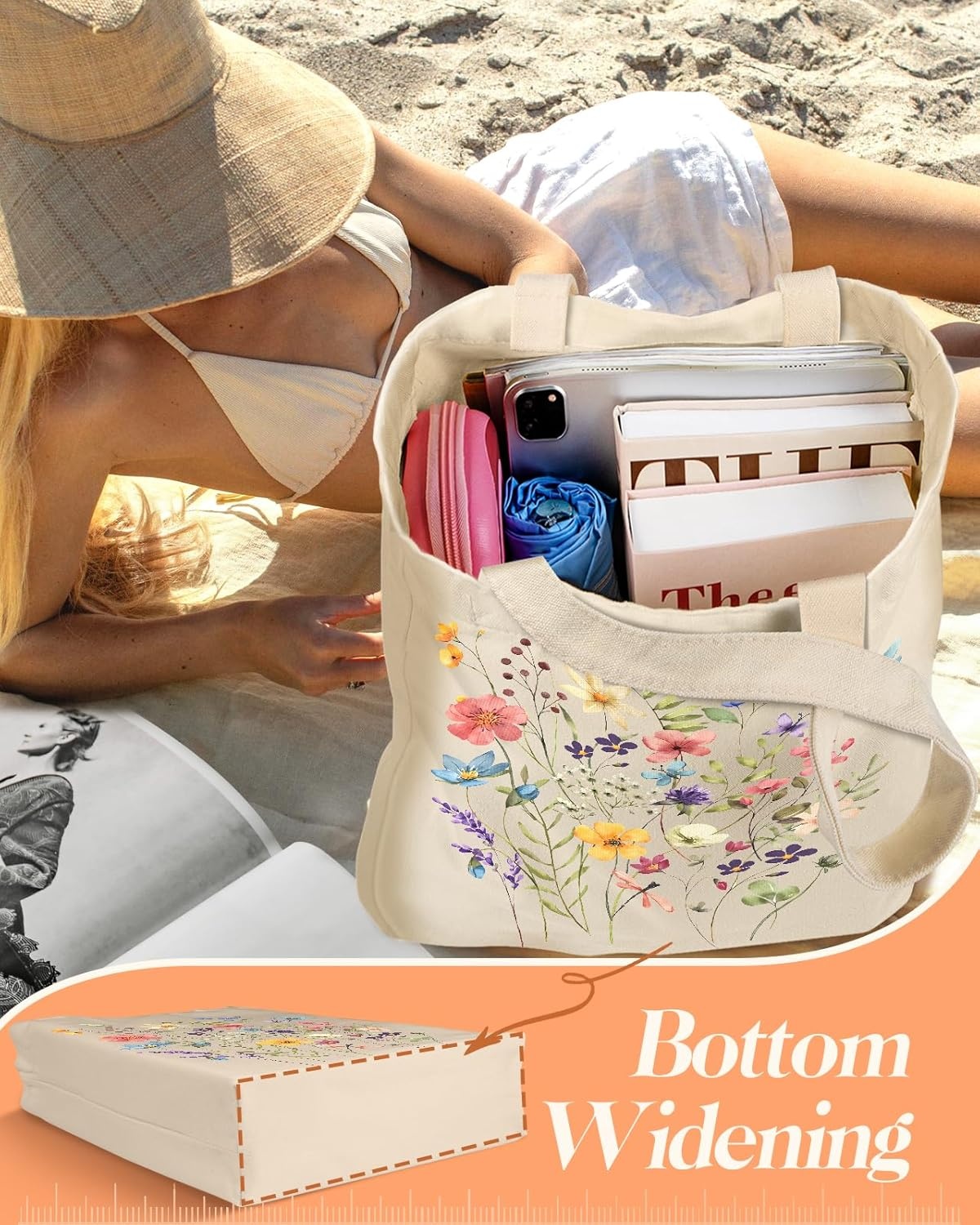 image:imageMiss Adola Aesthetic 2 Pack Canvas Tote Bag with Makeup Pouch Bag for Women Reusable Grocery Bag for Gym Travel WorkWatercolor Flower