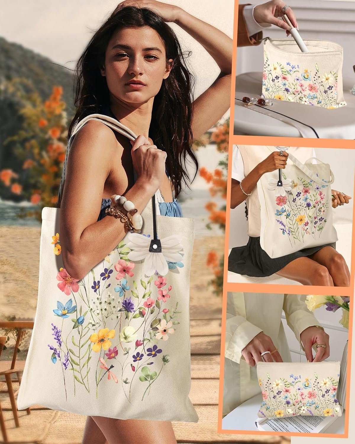 image:imageMiss Adola Aesthetic 2 Pack Canvas Tote Bag with Makeup Pouch Bag for Women Reusable Grocery Bag for Gym Travel WorkWatercolor Flower