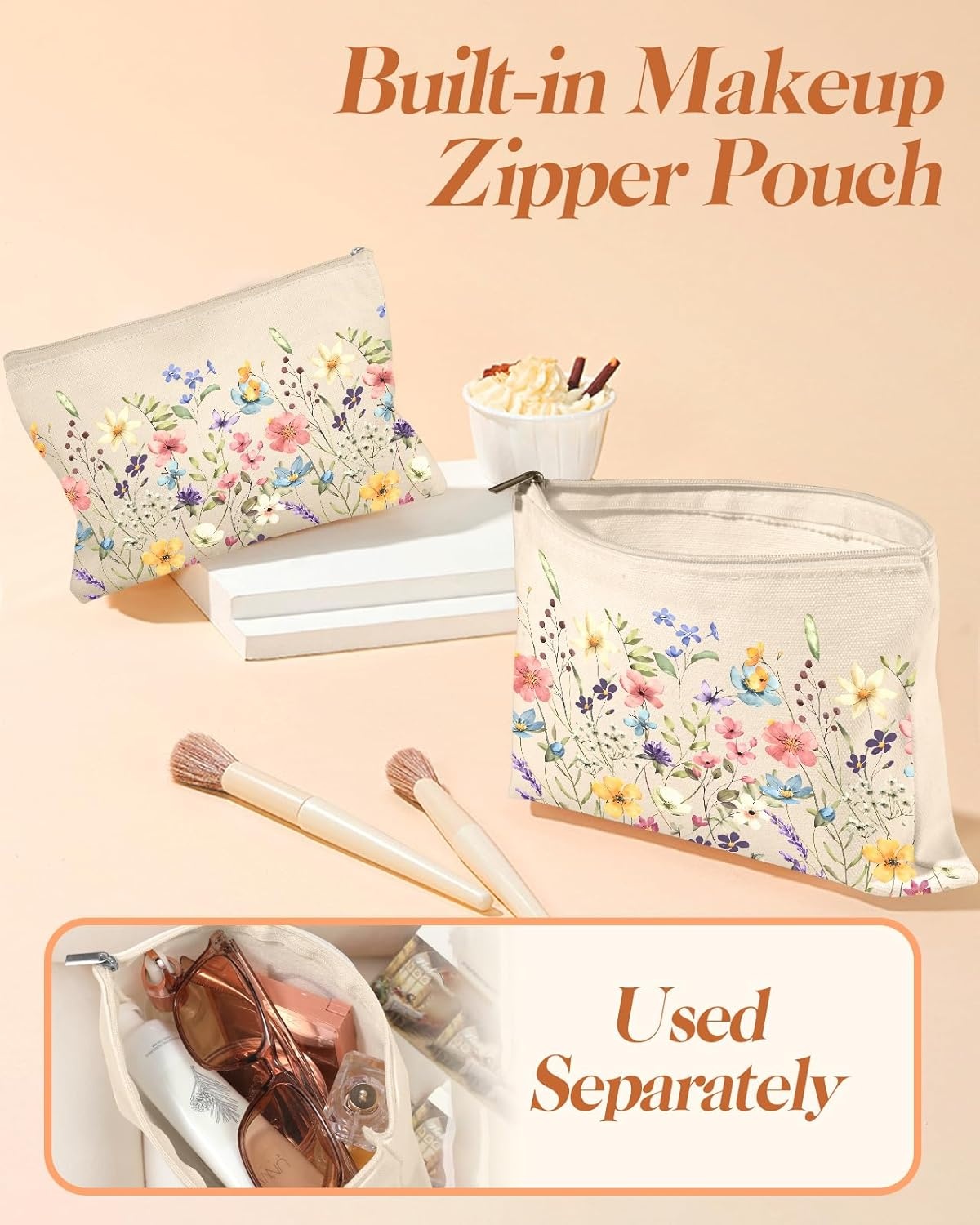 image:imageMiss Adola Aesthetic 2 Pack Canvas Tote Bag with Makeup Pouch Bag for Women Reusable Grocery Bag for Gym Travel WorkWatercolor Flower