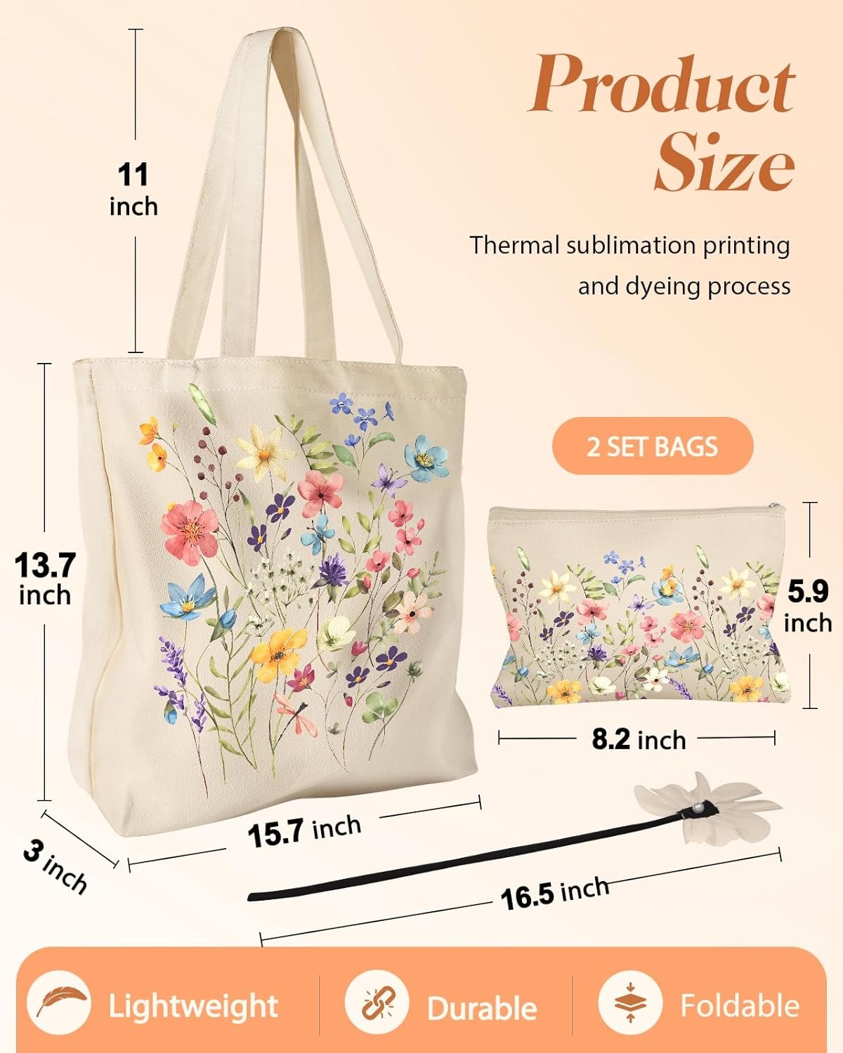 image:imageMiss Adola Aesthetic 2 Pack Canvas Tote Bag with Makeup Pouch Bag for Women Reusable Grocery Bag for Gym Travel WorkWatercolor Flower