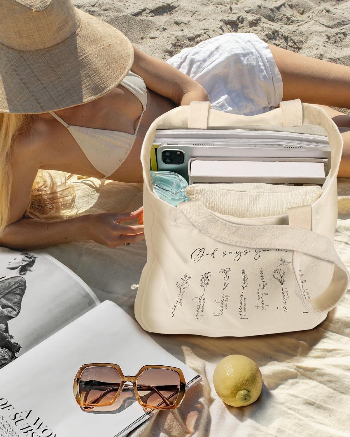 image:imageMiss Adola Aesthetic 2 Pack Canvas Tote Bag with Makeup Zipper Pouch for Women Bag for Shopping Gym Travel VacationBible Flower