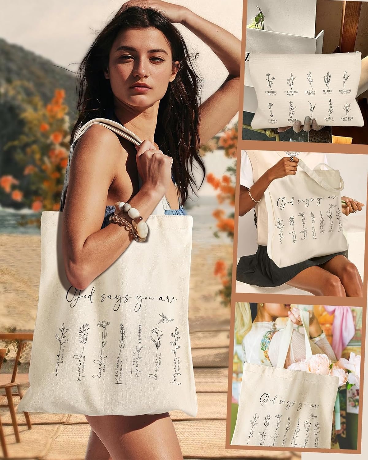 image:imageMiss Adola Aesthetic 2 Pack Canvas Tote Bag with Makeup Zipper Pouch for Women Bag for Shopping Gym Travel VacationBible Flower