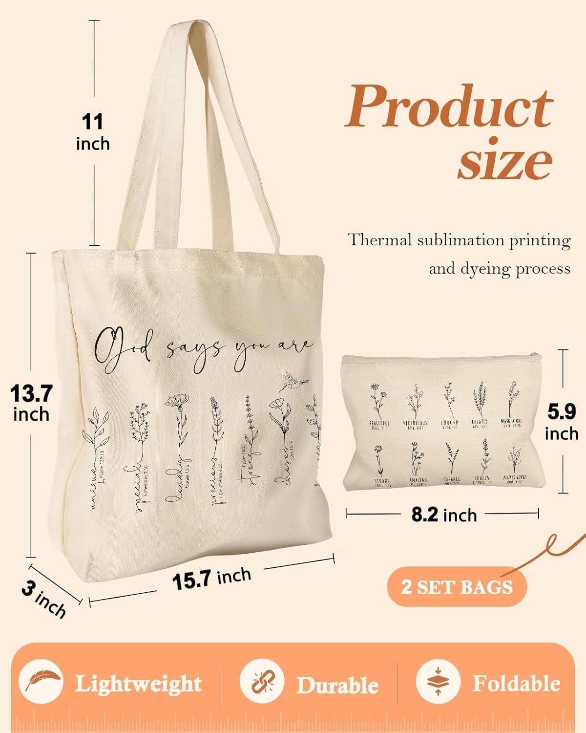image:imageMiss Adola Aesthetic 2 Pack Canvas Tote Bag with Makeup Zipper Pouch for Women Bag for Shopping Gym Travel VacationBible Flower