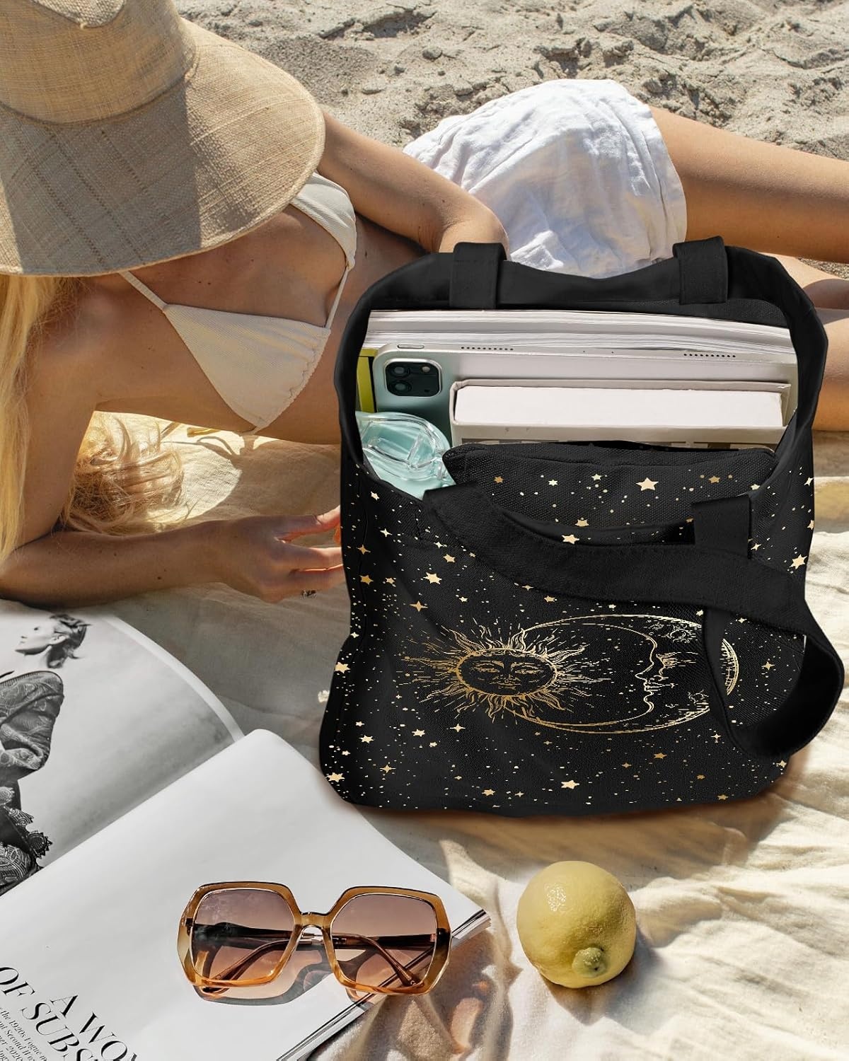 image:imageMiss Adola Aesthetic 2 Pack Canvas Tote Bag with Makeup Zipper Pouch for Women Bag for Shopping Gym Travel VacationBlack Sun Moon
