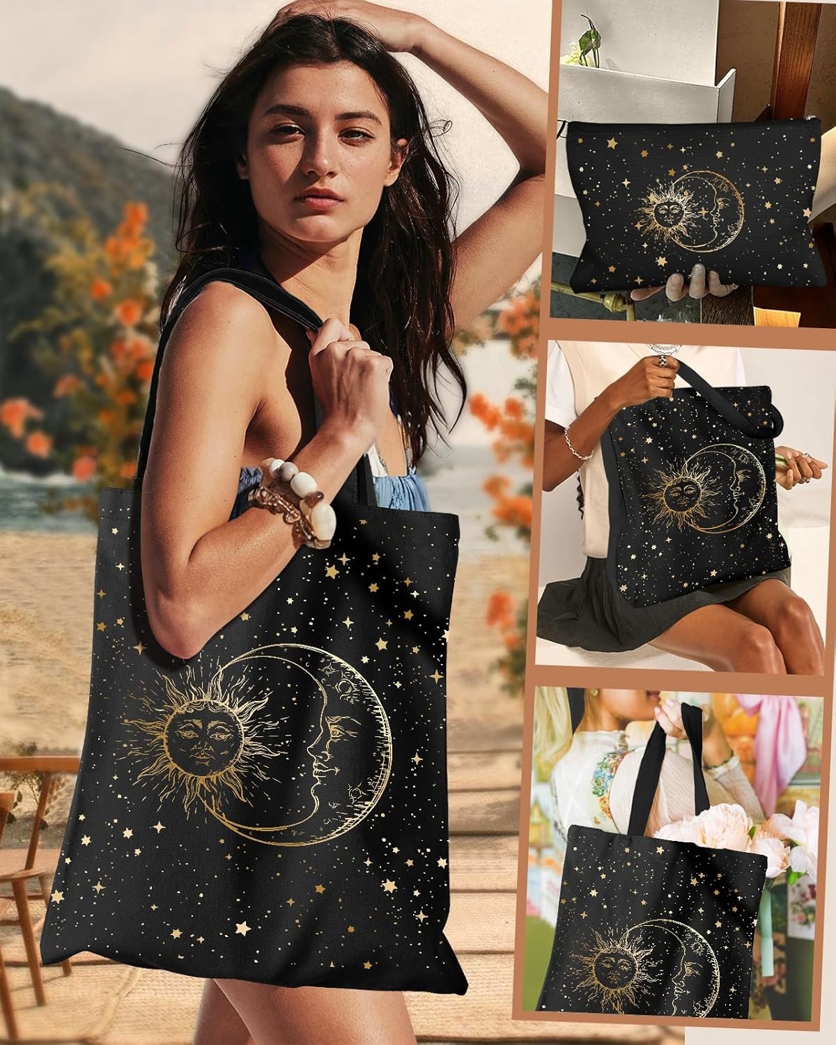 image:imageMiss Adola Aesthetic 2 Pack Canvas Tote Bag with Makeup Zipper Pouch for Women Bag for Shopping Gym Travel VacationBlack Sun Moon