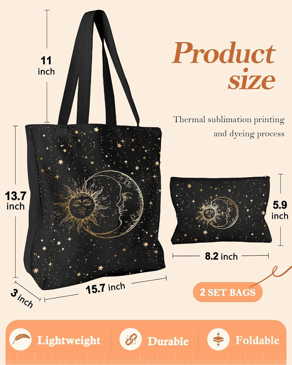 image:imageMiss Adola Aesthetic 2 Pack Canvas Tote Bag with Makeup Zipper Pouch for Women Bag for Shopping Gym Travel VacationBlack Sun Moon