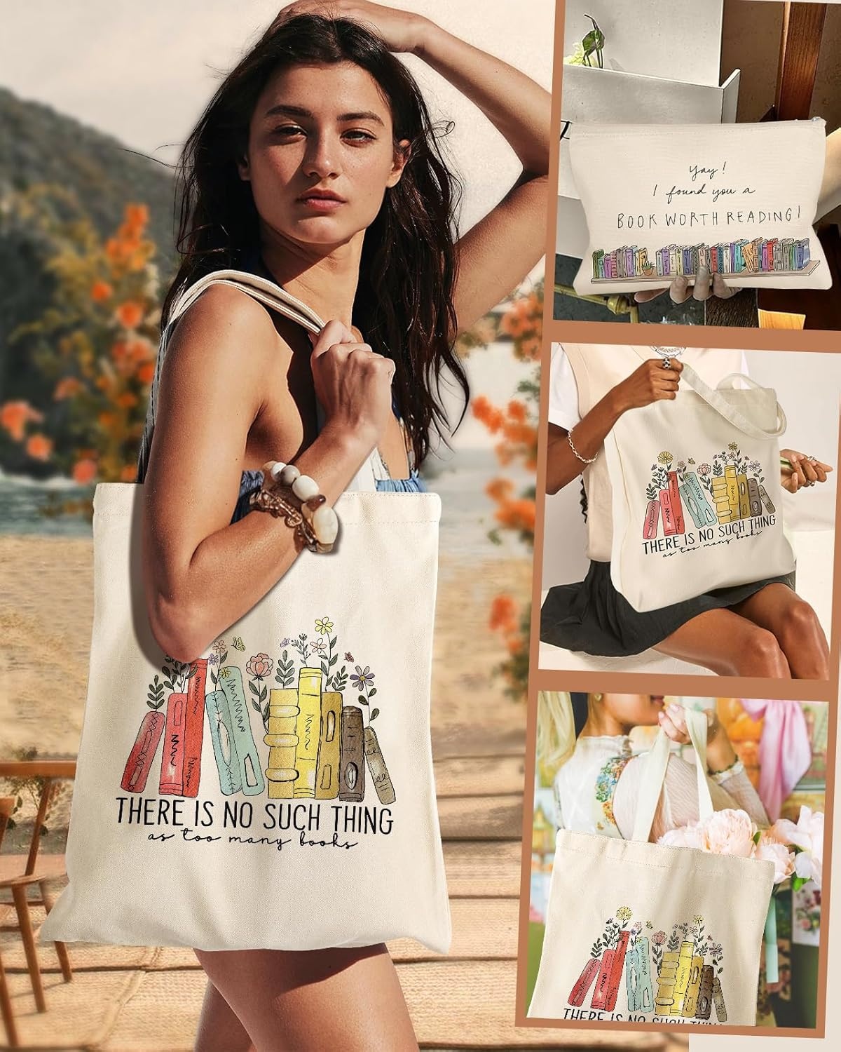 image:imageMiss Adola Aesthetic 2 Pack Canvas Tote Bag with Makeup Zipper Pouch for Women Bag for Shopping Gym Travel VacationColorful Book