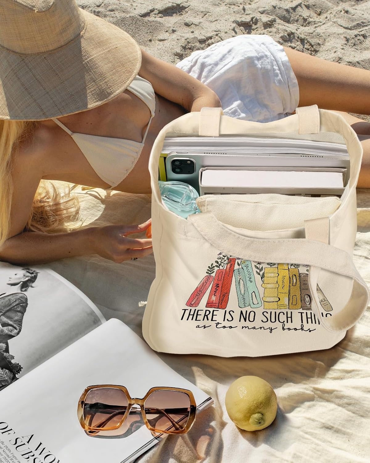 image:imageMiss Adola Aesthetic 2 Pack Canvas Tote Bag with Makeup Zipper Pouch for Women Bag for Shopping Gym Travel VacationColorful Book