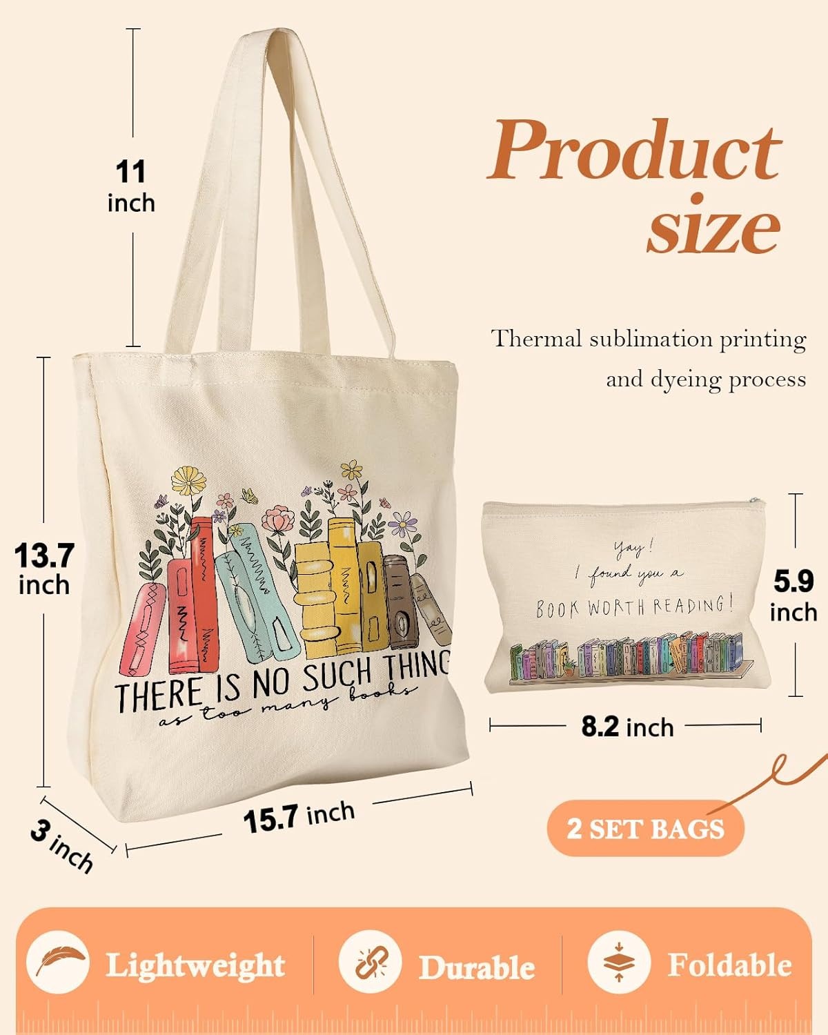 image:imageMiss Adola Aesthetic 2 Pack Canvas Tote Bag with Makeup Zipper Pouch for Women Bag for Shopping Gym Travel VacationColorful Book