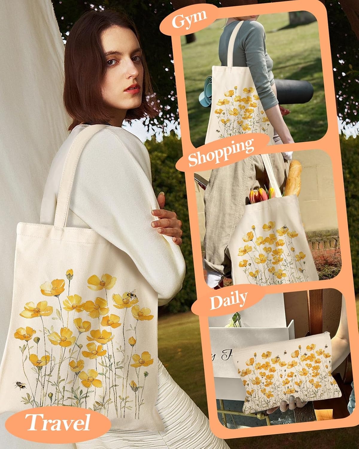 image:imageMiss Adola Aesthetic 2 Pack Canvas Tote Bag with Makeup Zipper Pouch for Women Bag for Shopping Gym Travel VacationDaisy