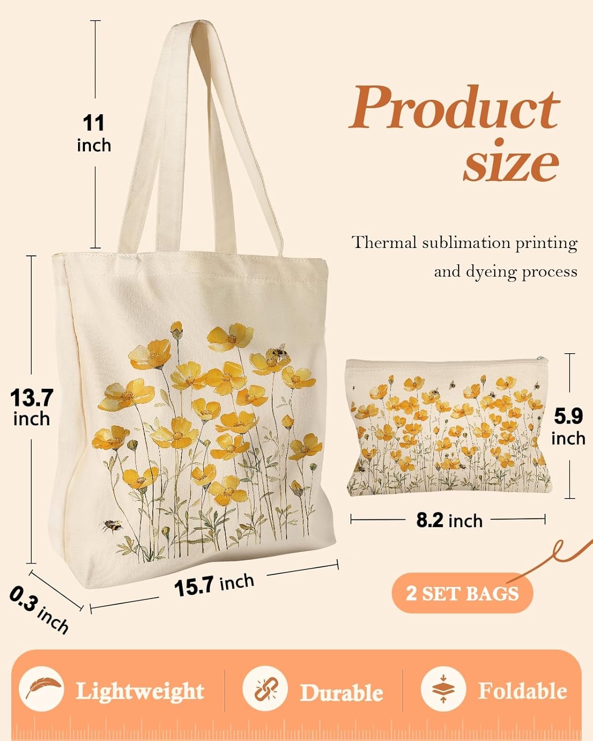 image:imageMiss Adola Aesthetic 2 Pack Canvas Tote Bag with Makeup Zipper Pouch for Women Bag for Shopping Gym Travel VacationDaisy