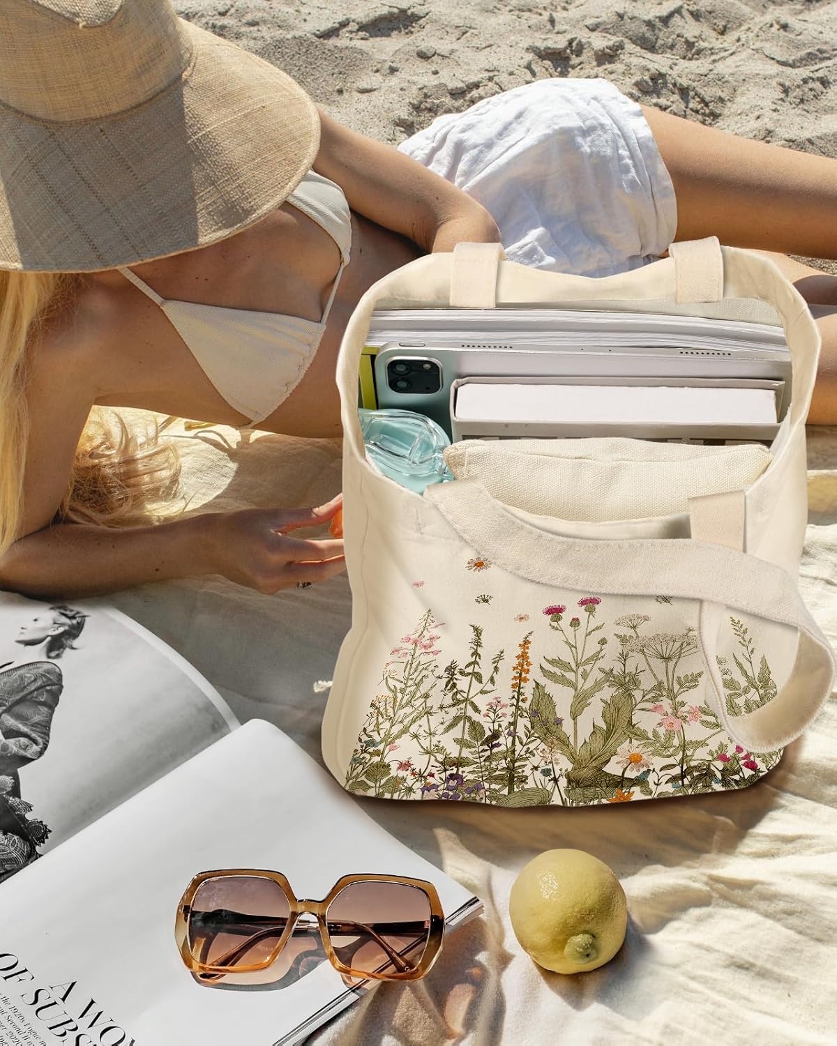 image:imageMiss Adola Aesthetic 2 Pack Canvas Tote Bag with Makeup Zipper Pouch for Women Bag for Shopping Gym Travel VacationFlower Grass