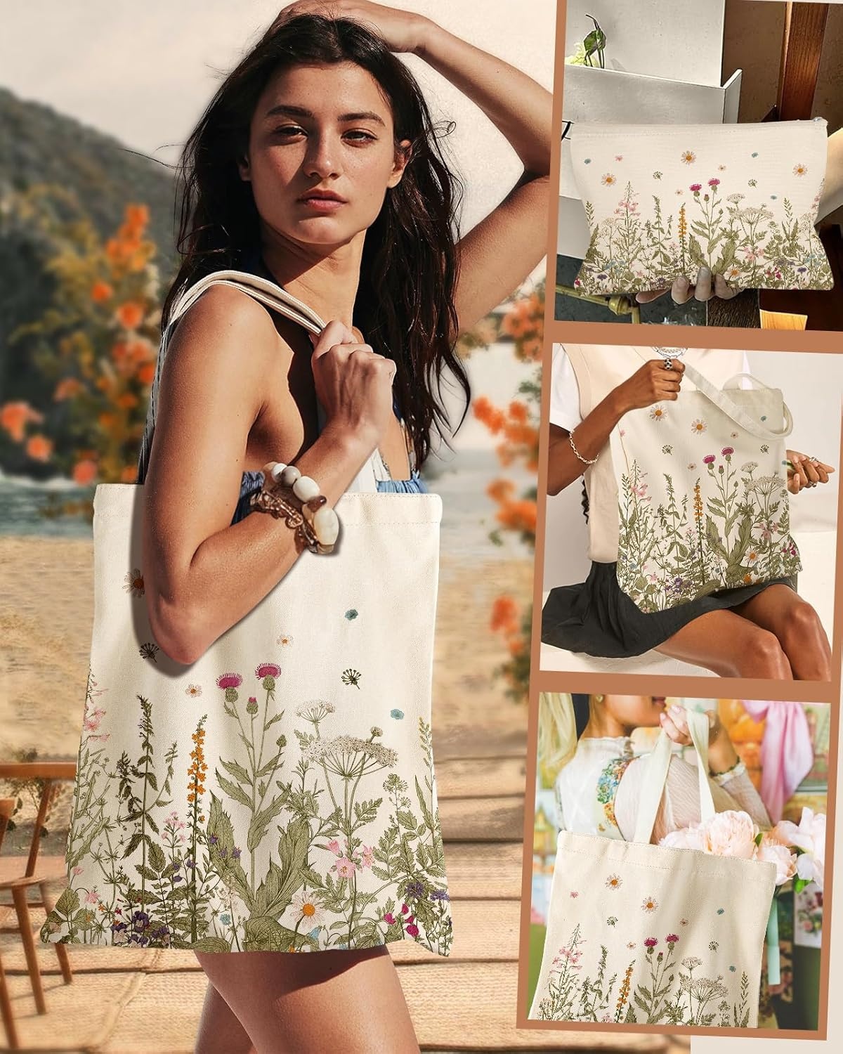 image:imageMiss Adola Aesthetic 2 Pack Canvas Tote Bag with Makeup Zipper Pouch for Women Bag for Shopping Gym Travel VacationFlower Grass