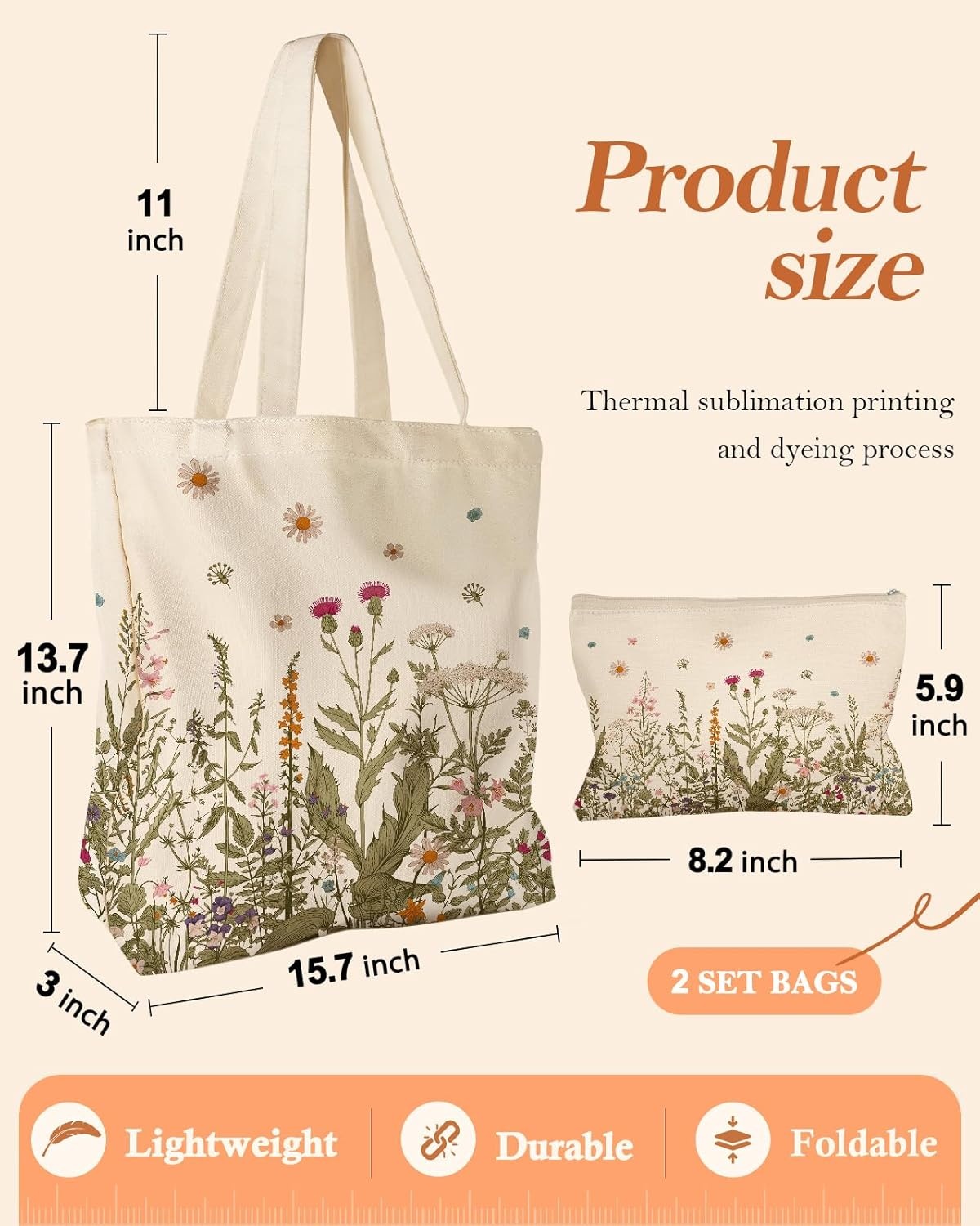 image:imageMiss Adola Aesthetic 2 Pack Canvas Tote Bag with Makeup Zipper Pouch for Women Bag for Shopping Gym Travel VacationFlower Grass