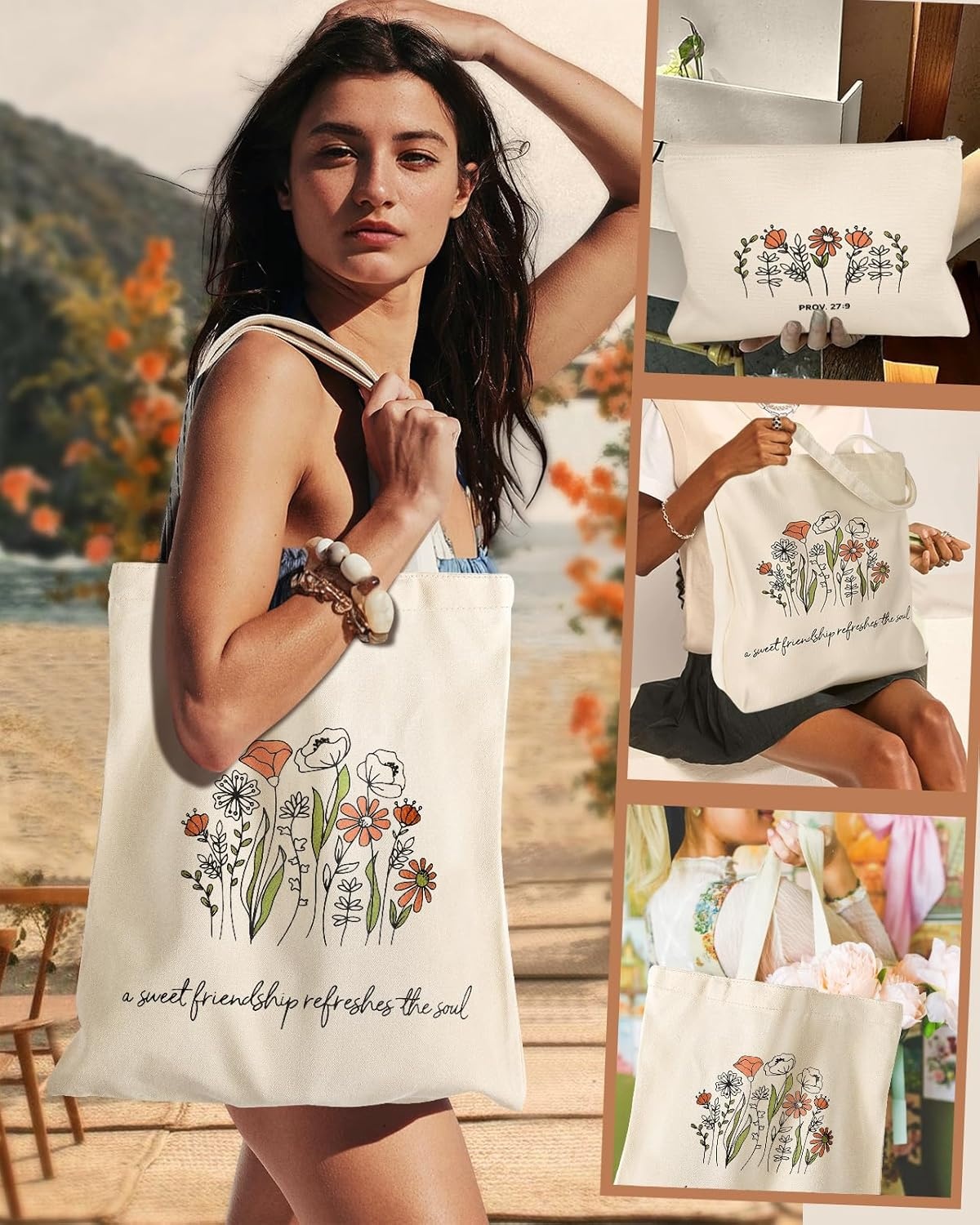 image:imageMiss Adola Aesthetic 2 Pack Canvas Tote Bag with Makeup Zipper Pouch for Women Bag for Shopping Gym Travel VacationFriendship Flower